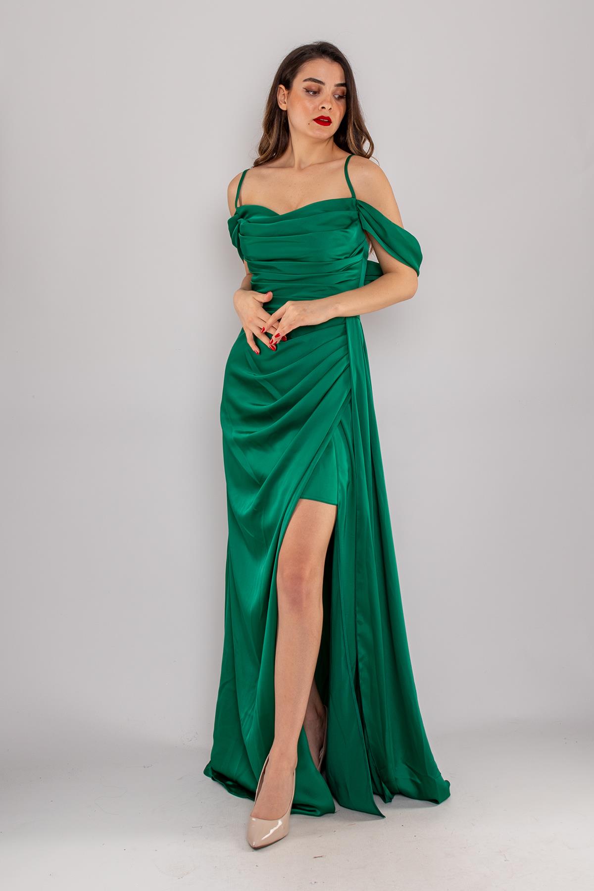 449 İp Askılı Şalyaka Kuyruklu Uzun Saten Elbise