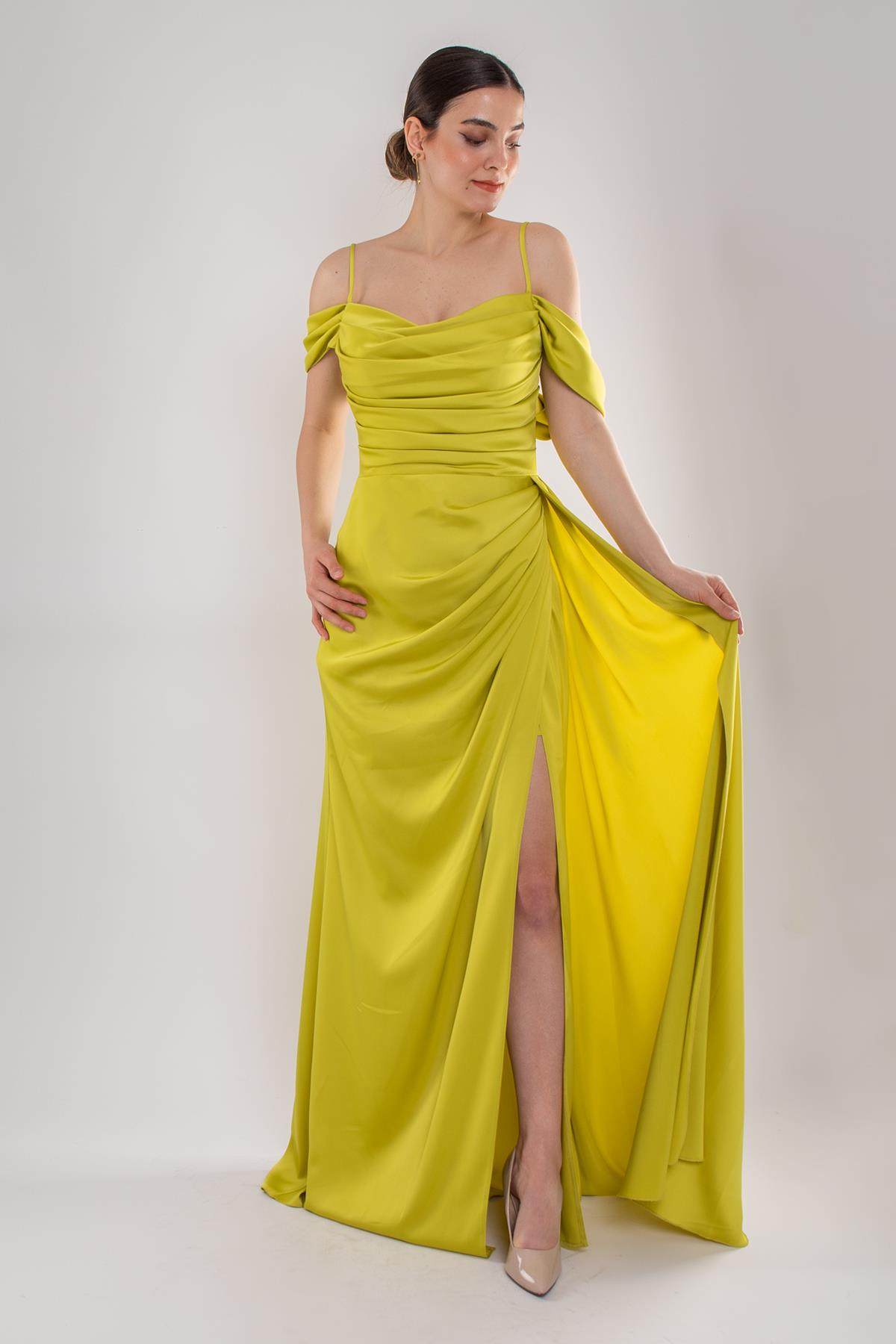 449 İp Askılı Şalyaka Kuyruklu Uzun Saten Elbise