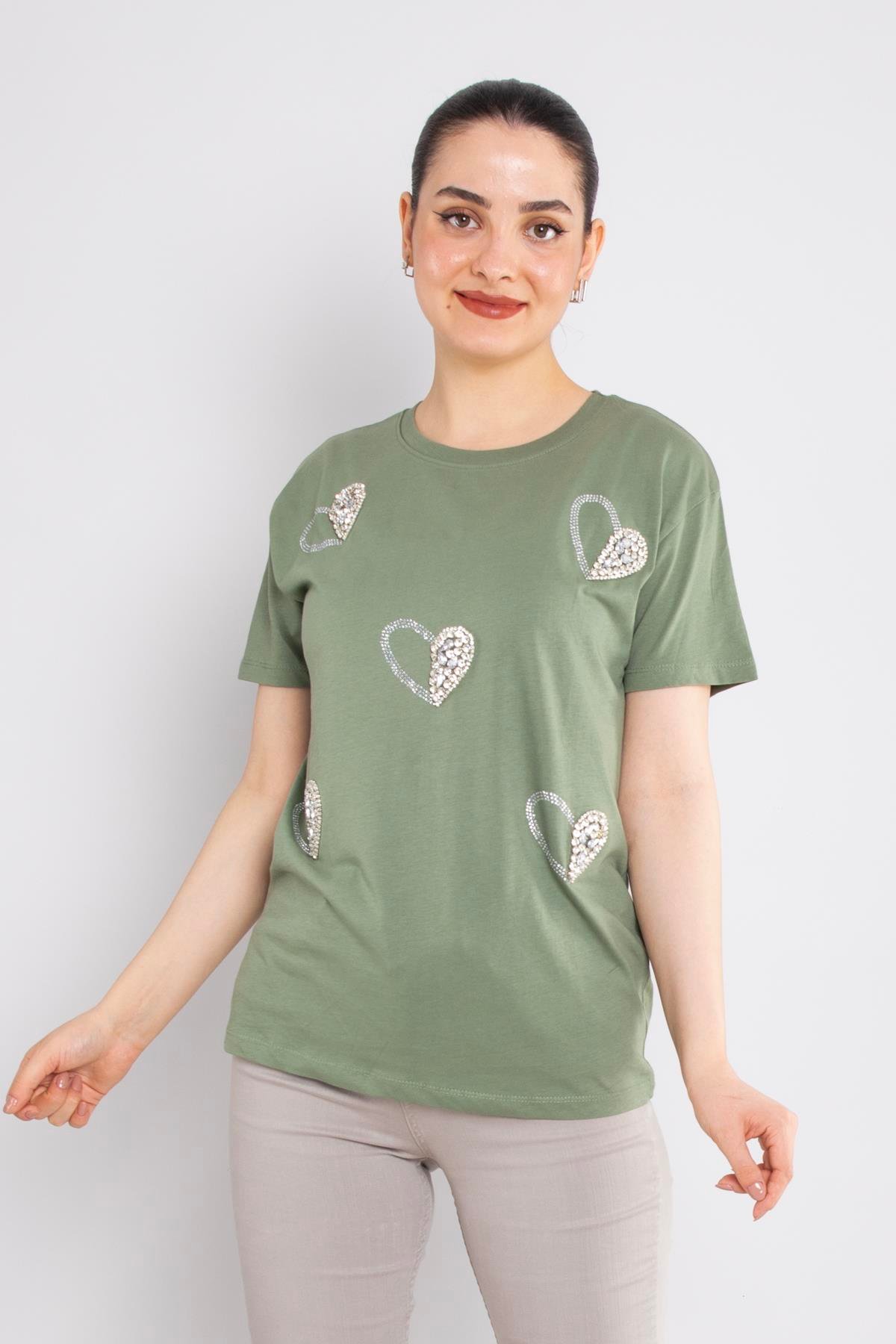 4504 (7691) Bisiklet Yaka Kalp Baskı Taşlı Pamuk Tshirt