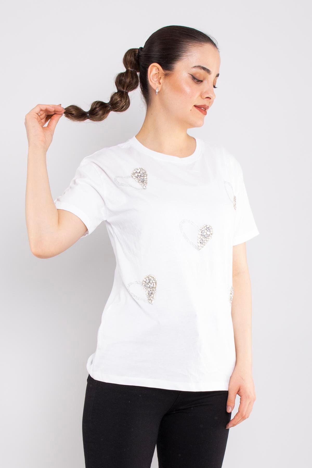 4504 (7691) Bisiklet Yaka Kalp Baskı Taşlı Pamuk Tshirt