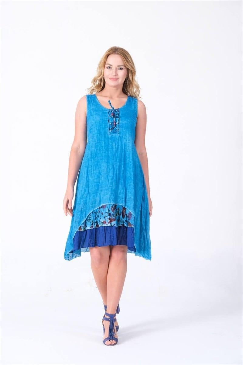 4533 Yakası İpli Eteği Parçalı Kolsuz Pamuk Otantik Elbise