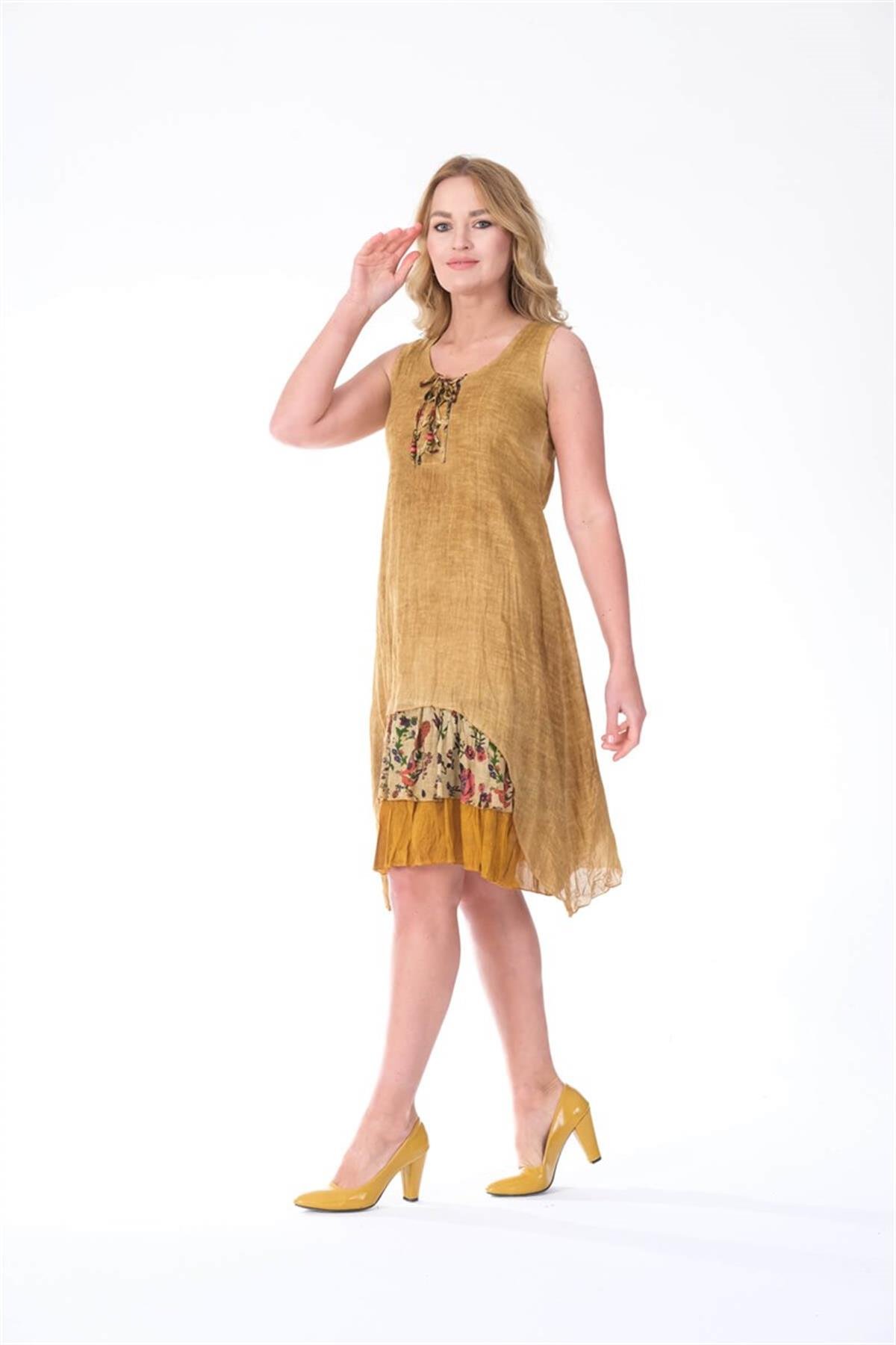 4533 Yakası İpli Eteği Parçalı Kolsuz Pamuk Otantik Elbise