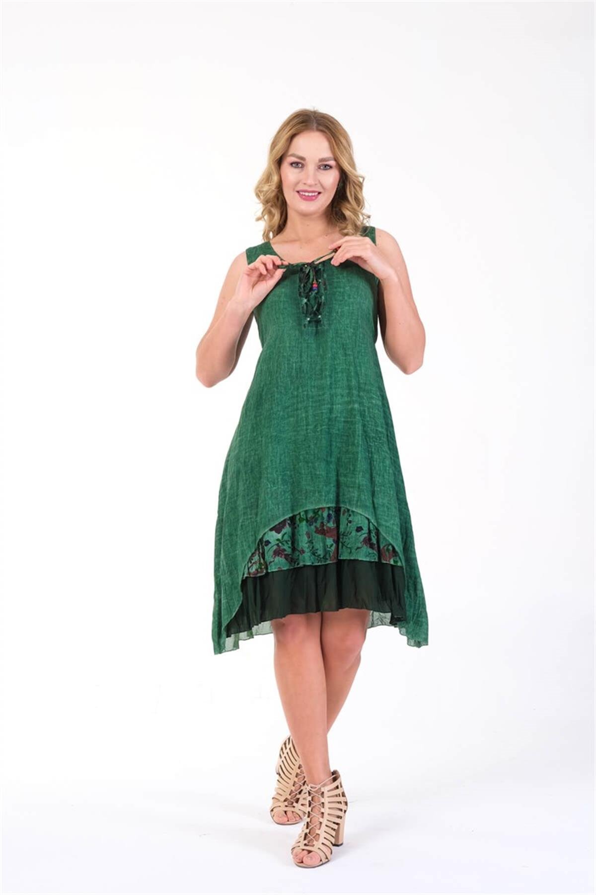 4533 Yakası İpli Eteği Parçalı Kolsuz Pamuk Otantik Elbise