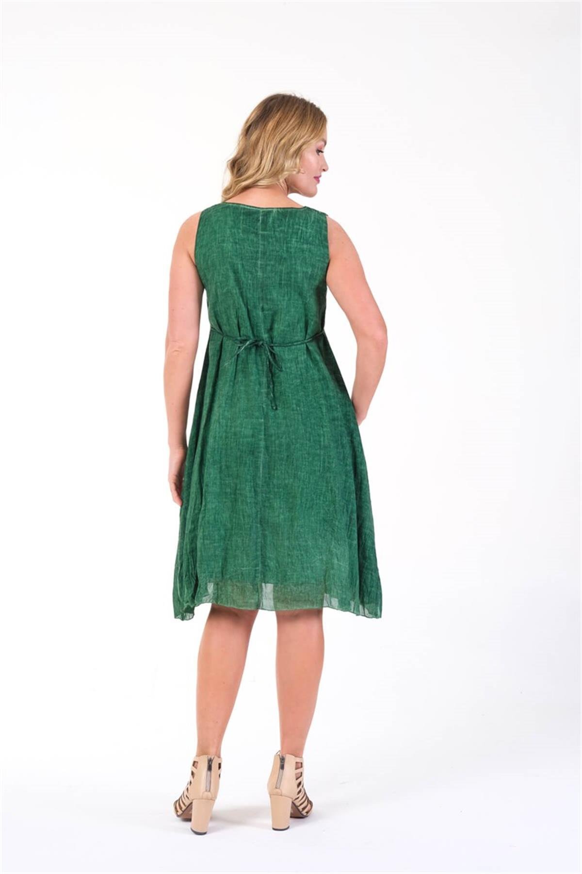 4533 Yakası İpli Eteği Parçalı Kolsuz Pamuk Otantik Elbise