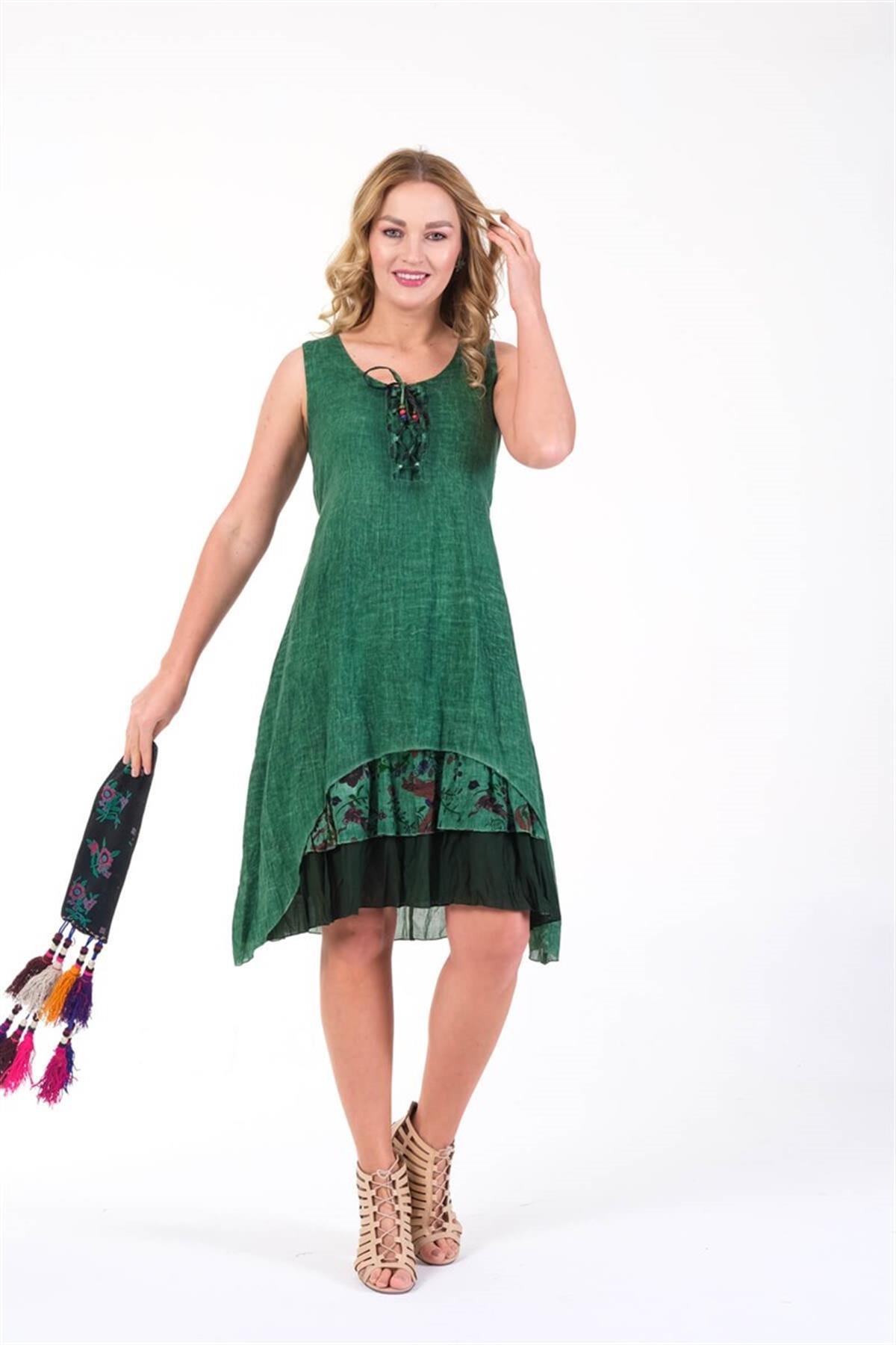 4533 Yakası İpli Eteği Parçalı Kolsuz Pamuk Otantik Elbise