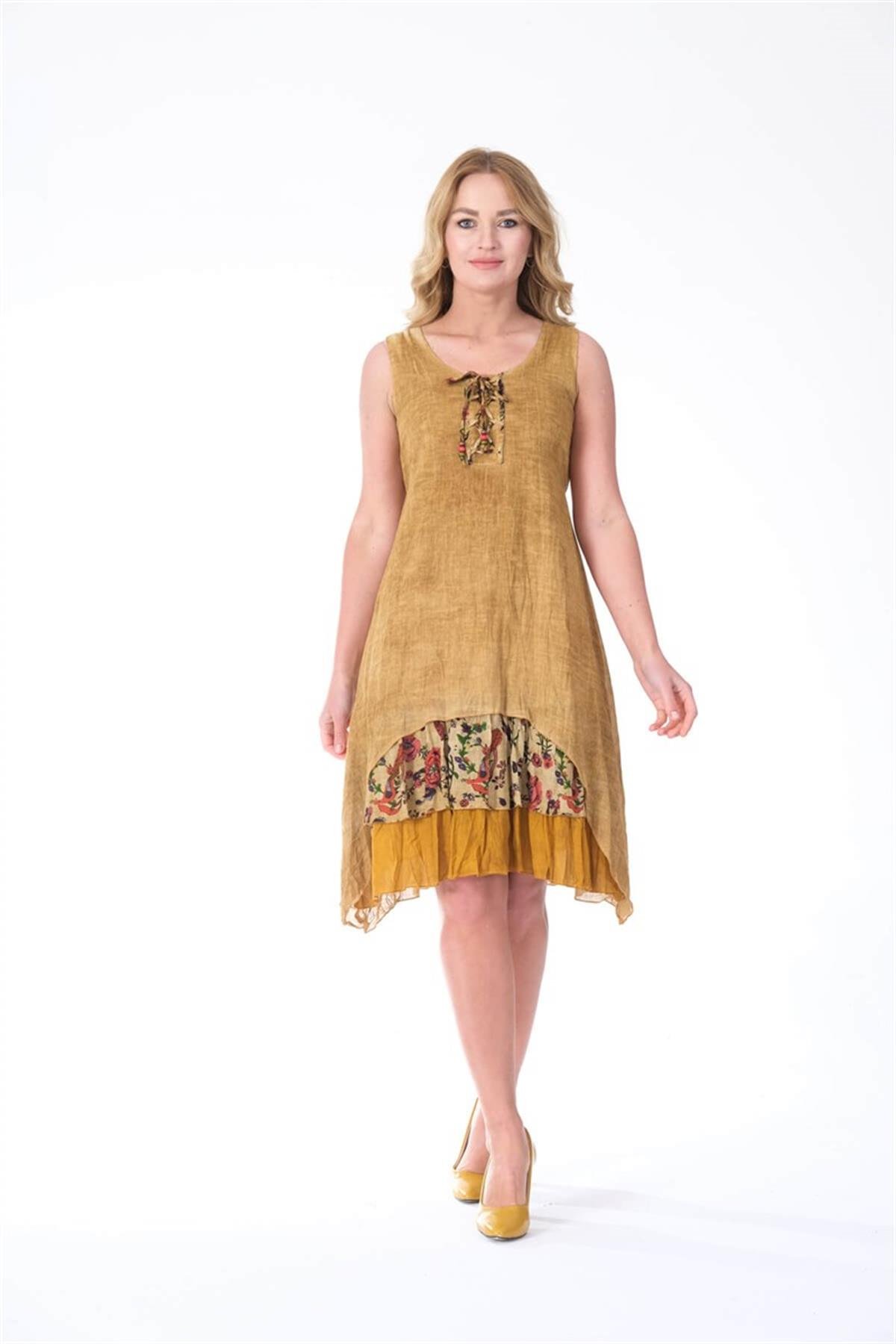 4533 Yakası İpli Eteği Parçalı Kolsuz Pamuk Otantik Elbise