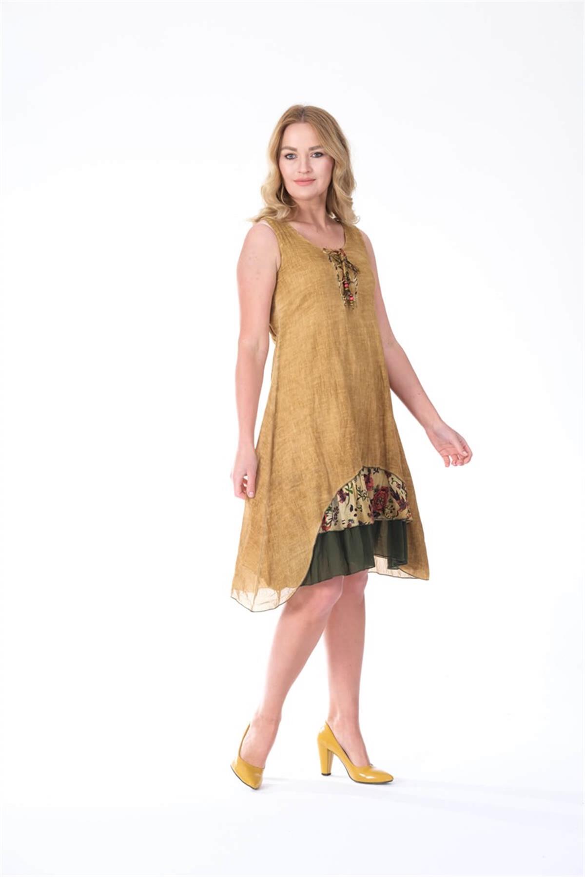 4533 Yakası İpli Eteği Parçalı Kolsuz Pamuk Otantik Elbise