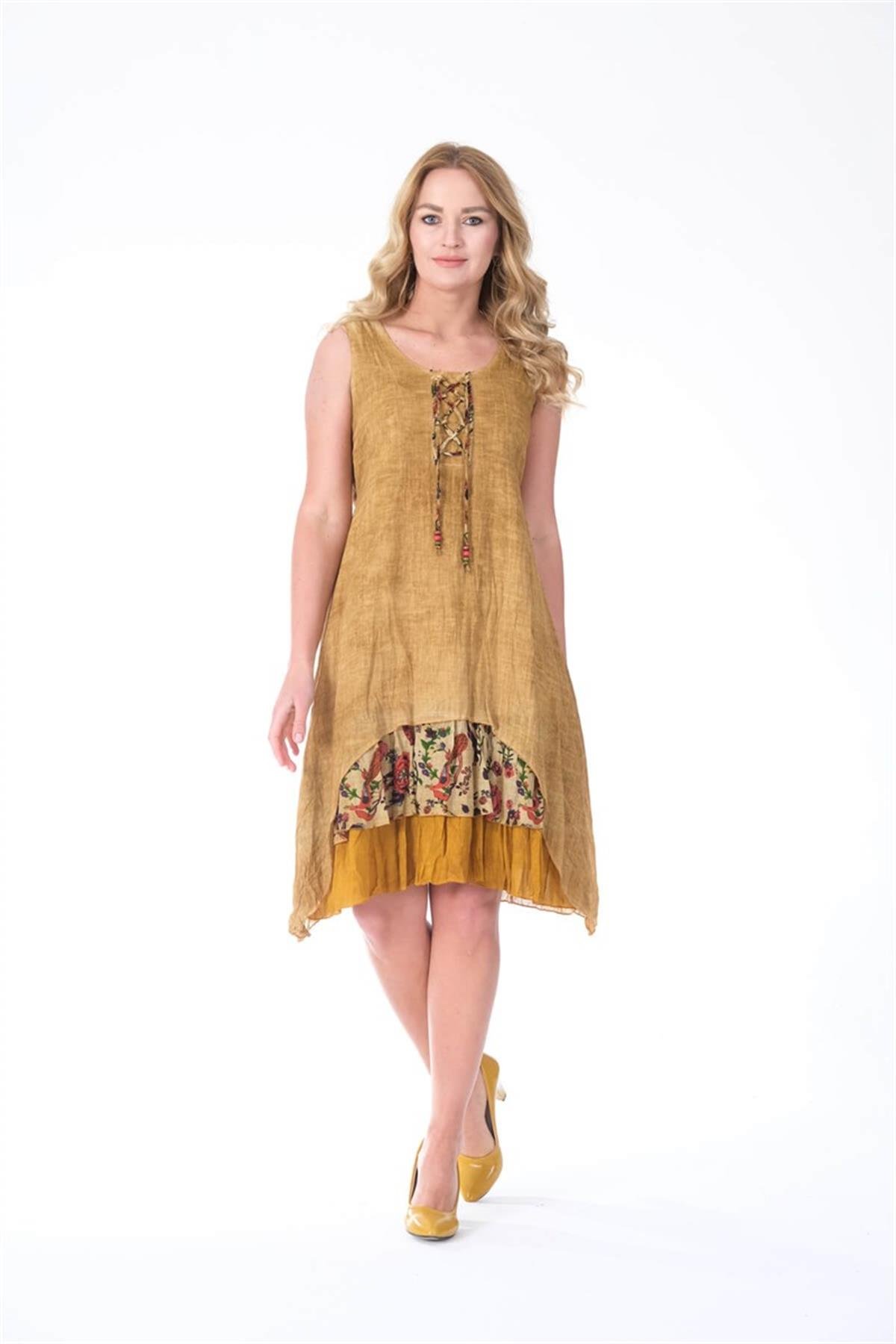 4533 Yakası İpli Eteği Parçalı Kolsuz Pamuk Otantik Elbise