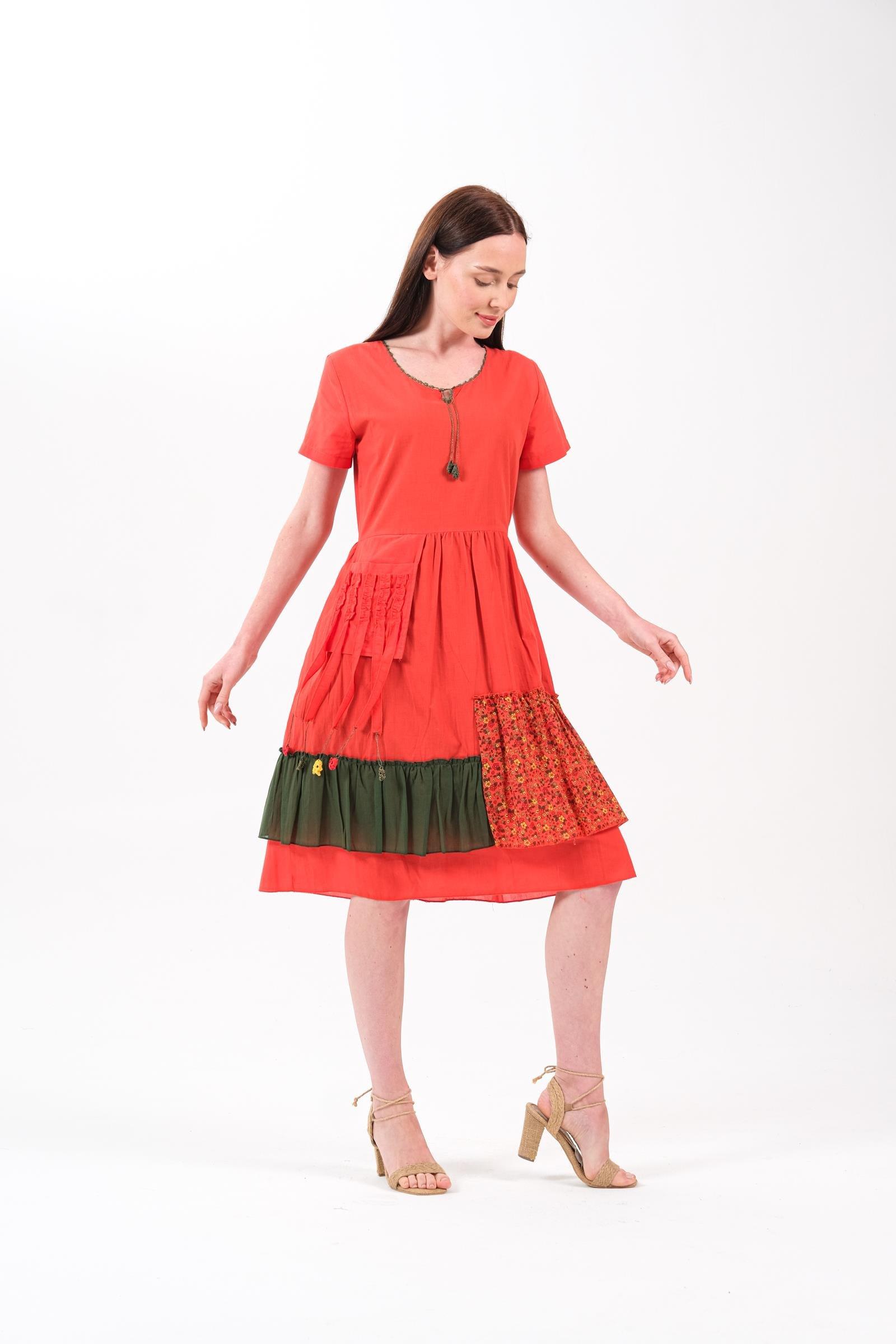 4536 Cep Püskül Detay Parçalı Kısa Kol Otantik Pamuk Elbise