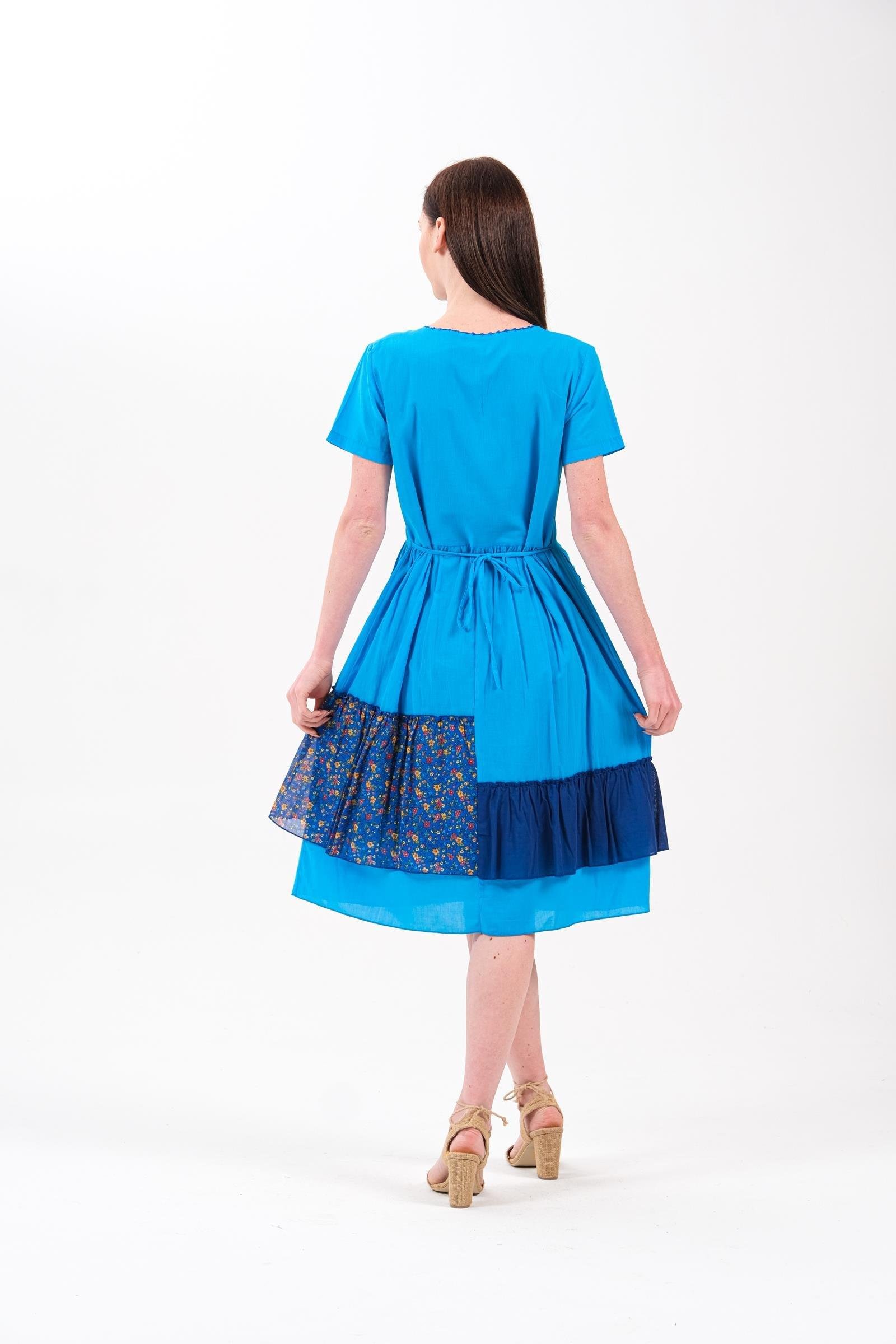 4536 Cep Püskül Detay Parçalı Kısa Kol Otantik Pamuk Elbise