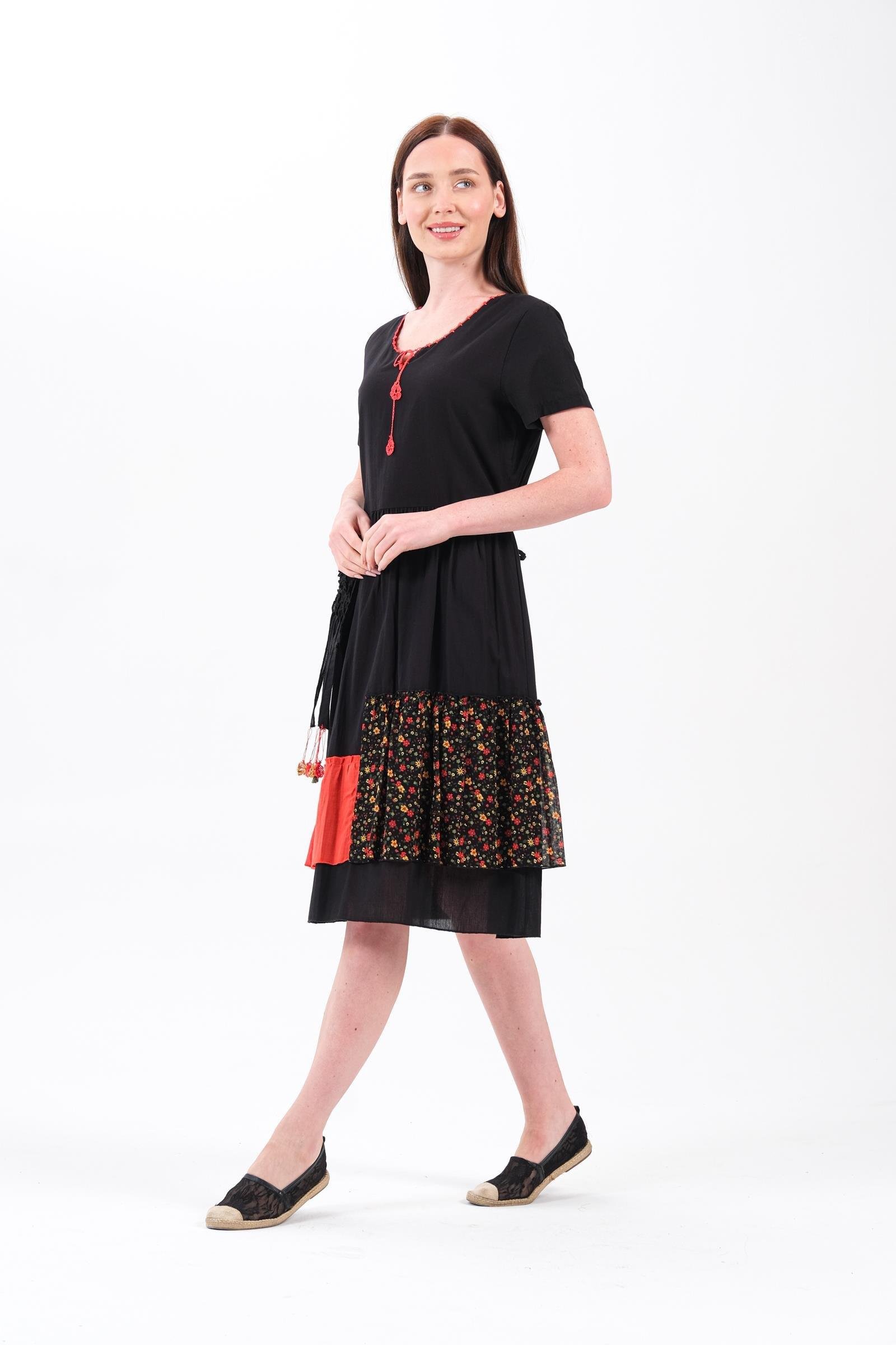 4536 Cep Püskül Detay Parçalı Kısa Kol Otantik Pamuk Elbise