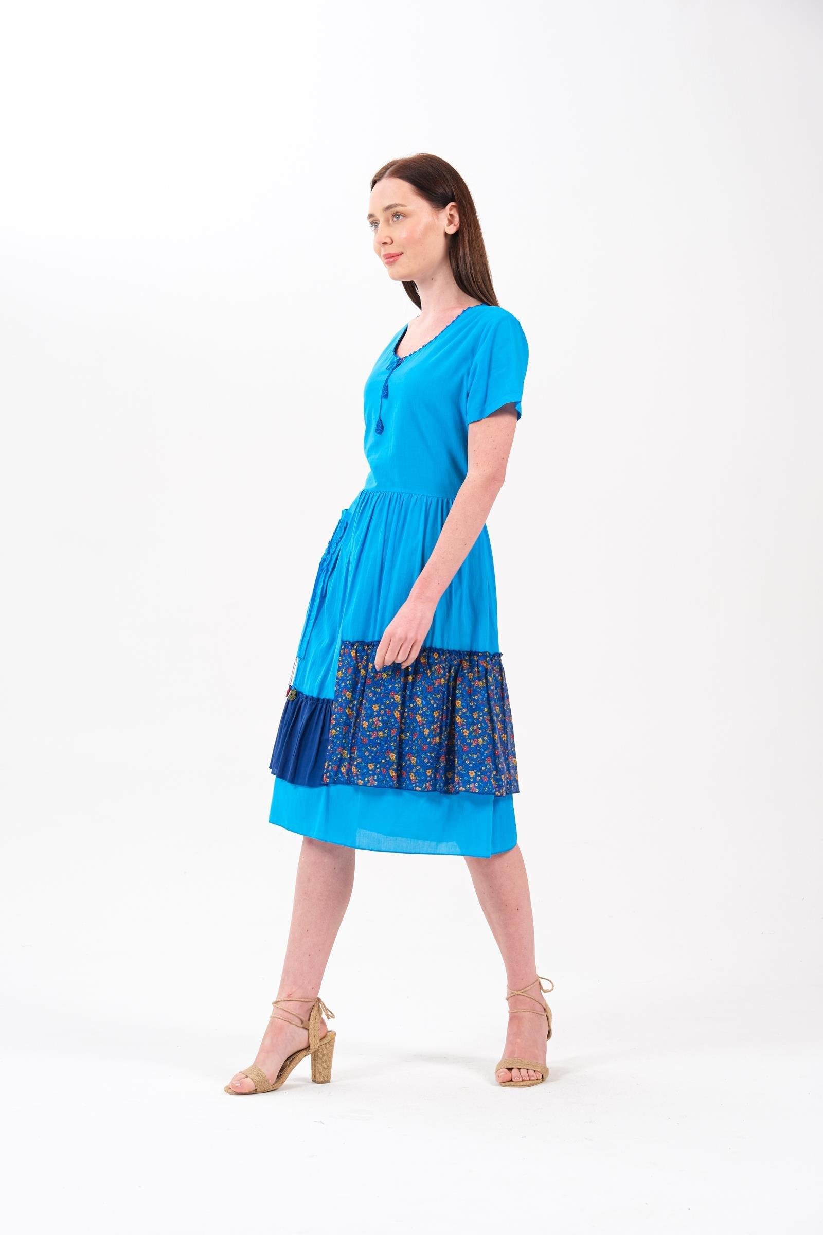 4536 Cep Püskül Detay Parçalı Kısa Kol Otantik Pamuk Elbise