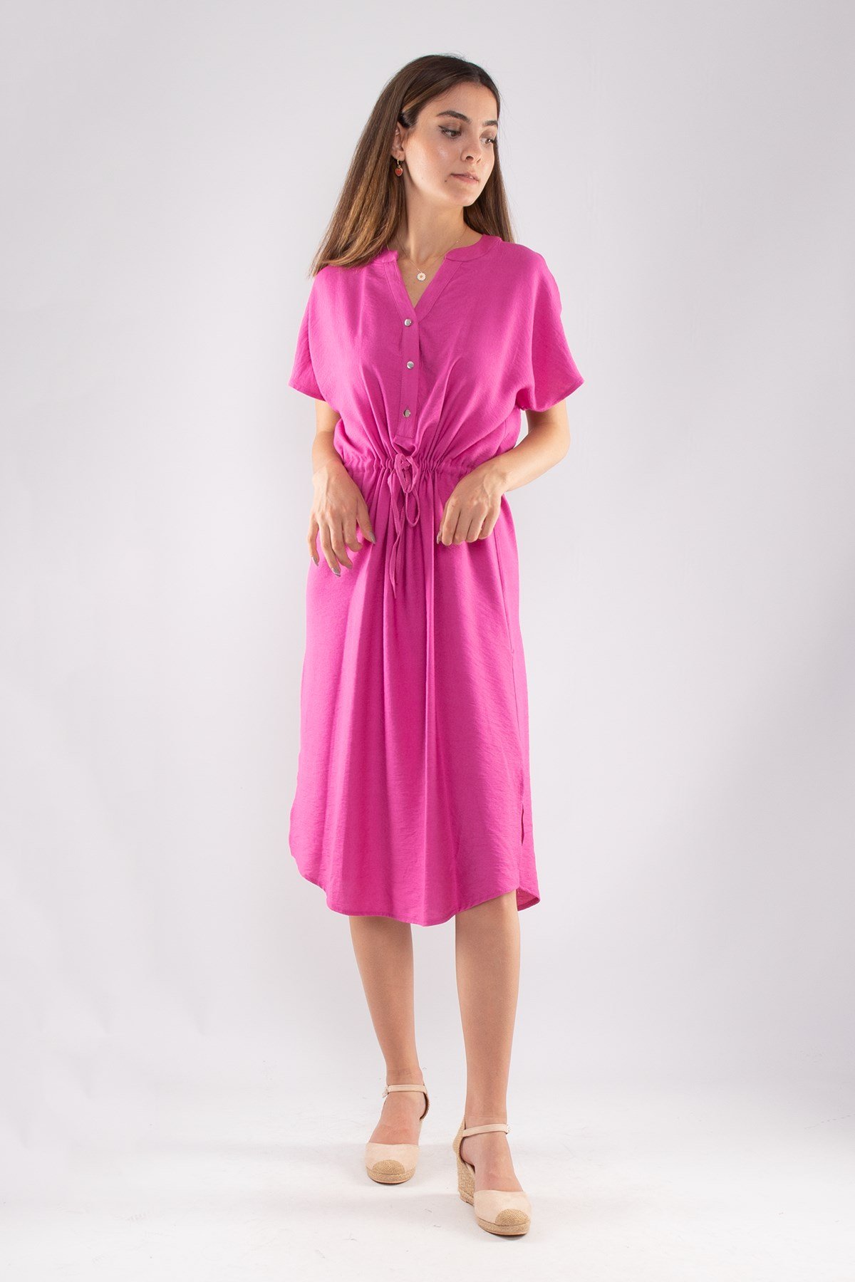 4562 Beli Büzgülü Vyaka Yırtmaçlı Viscon Elbise