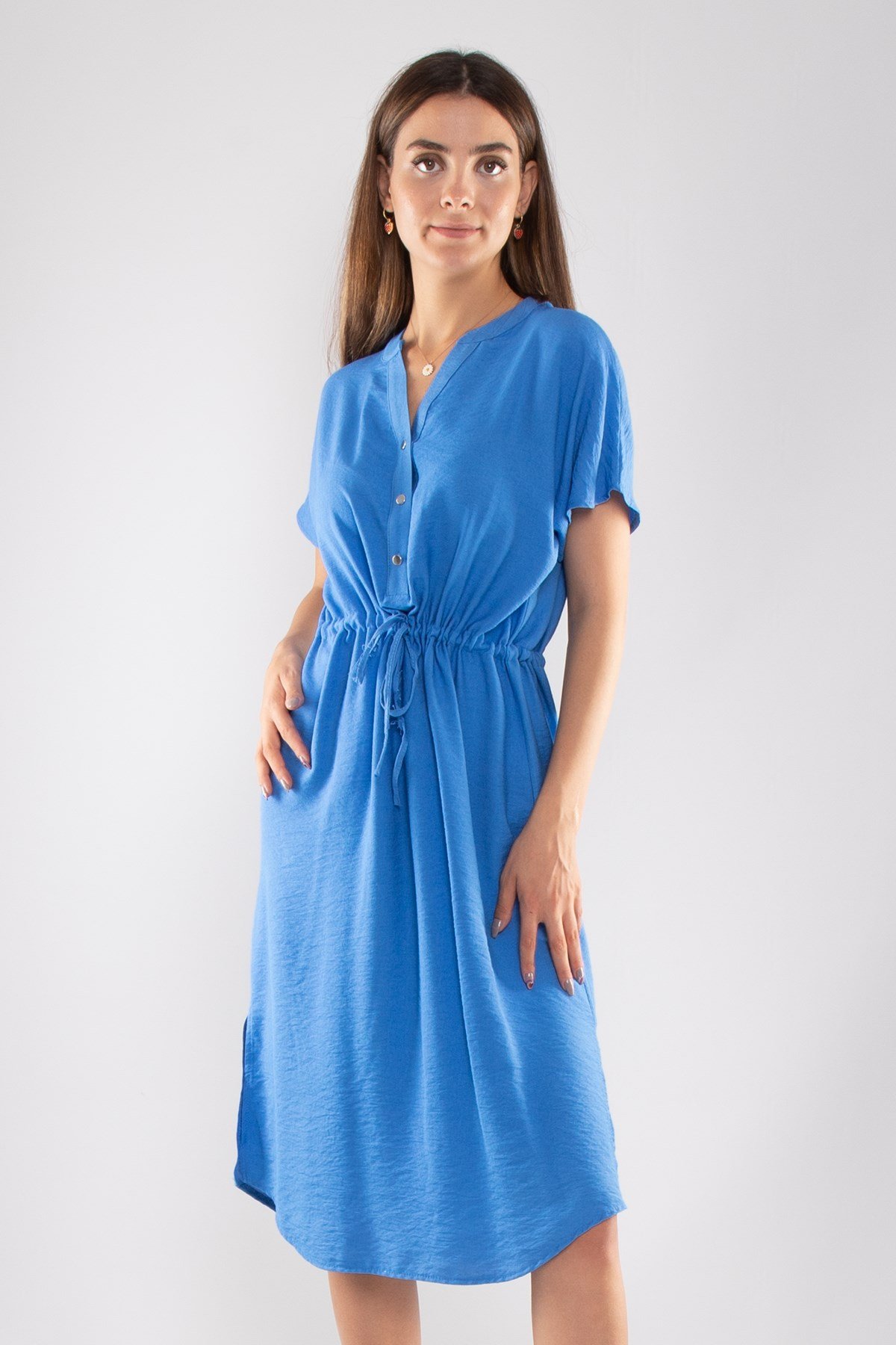 4562 Beli Büzgülü Vyaka Yırtmaçlı Viscon Elbise