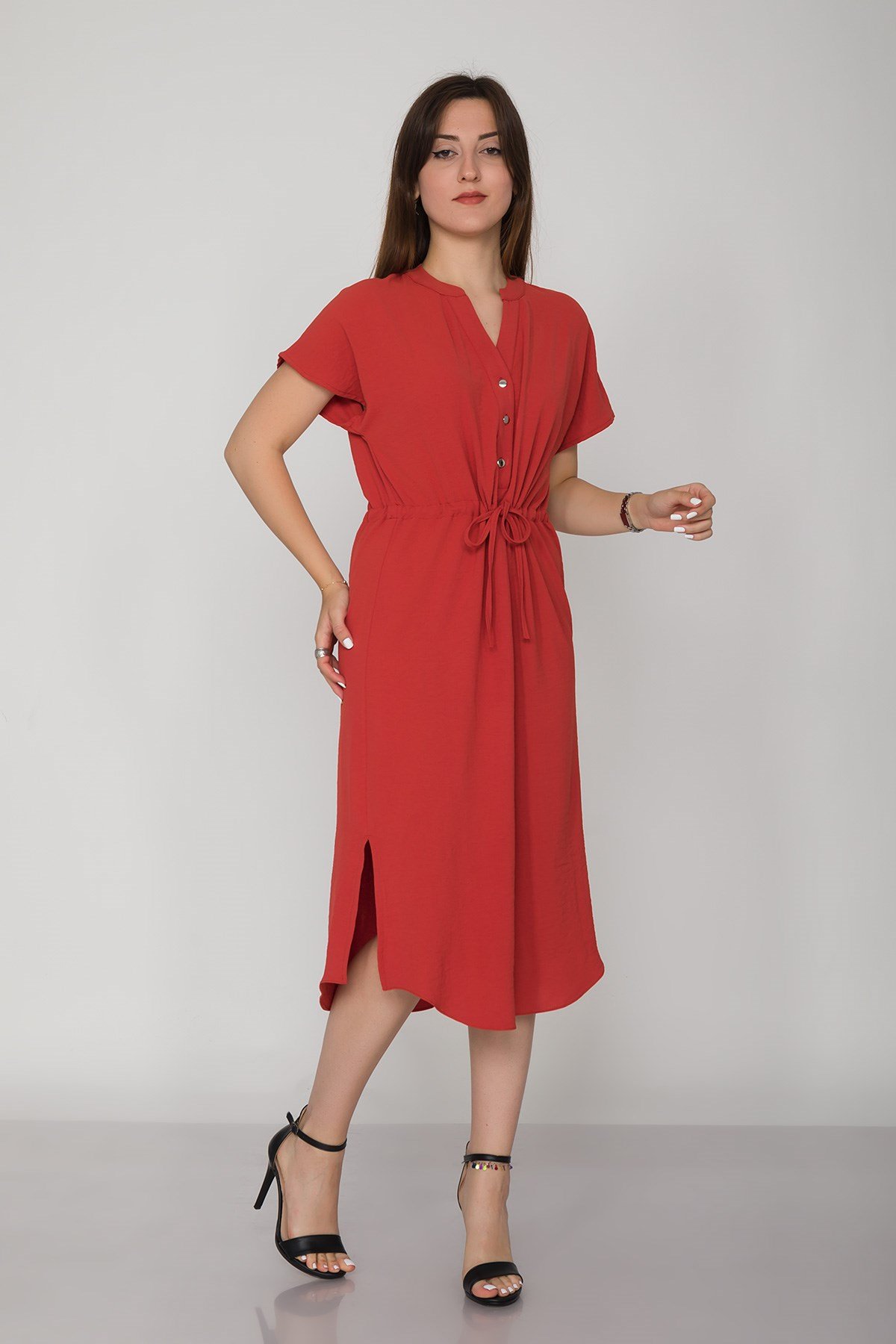 4562 Beli Büzgülü Vyaka Yırtmaçlı Viscon Elbise