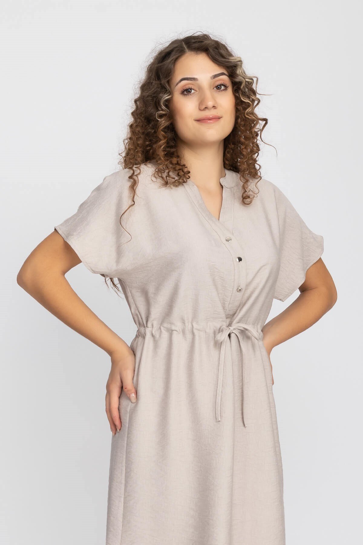 4562 Beli Büzgülü Vyaka Yırtmaçlı Viscon Elbise