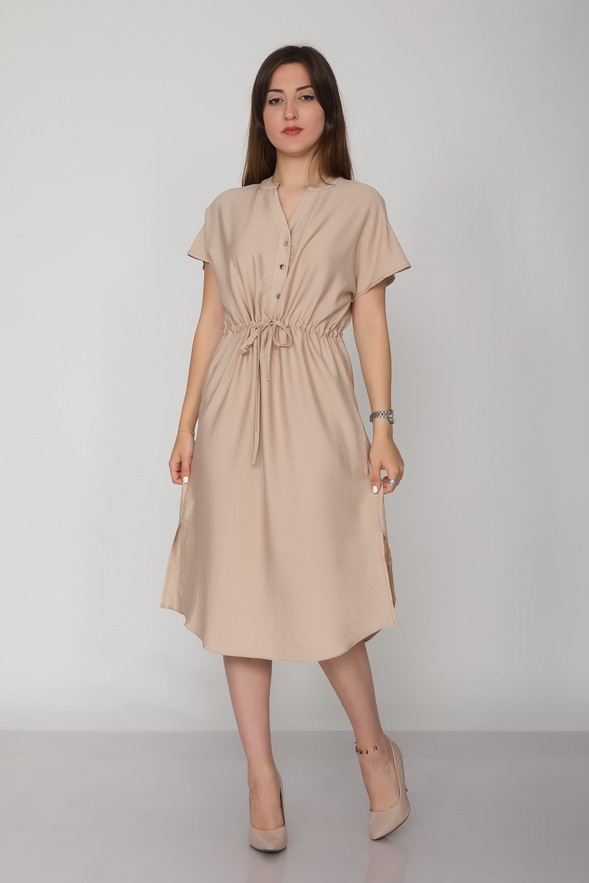 4562 Beli Büzgülü Vyaka Yırtmaçlı Viscon Elbise