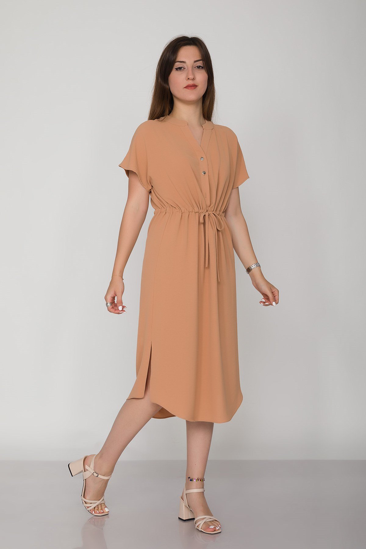 4562 Beli Büzgülü Vyaka Yırtmaçlı Viscon Elbise