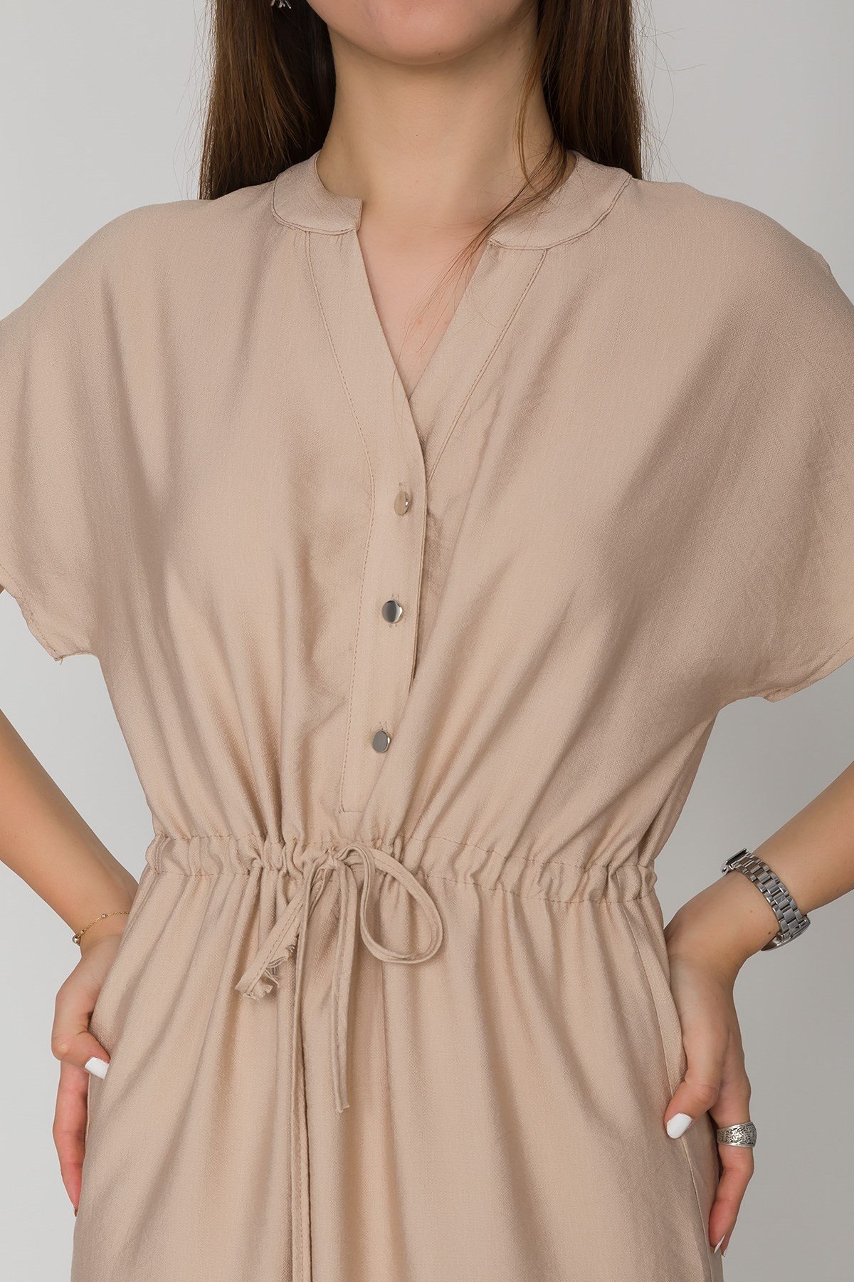 4562 Beli Büzgülü Vyaka Yırtmaçlı Viscon Elbise