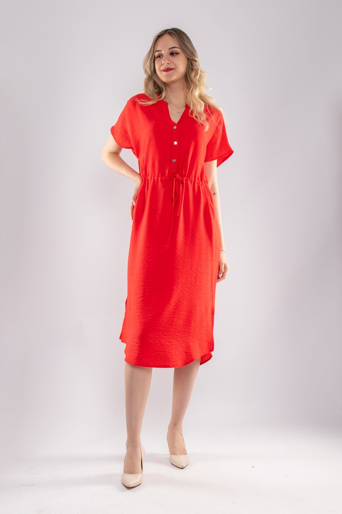 4562 Beli Büzgülü Vyaka Yırtmaçlı Viscon Elbise