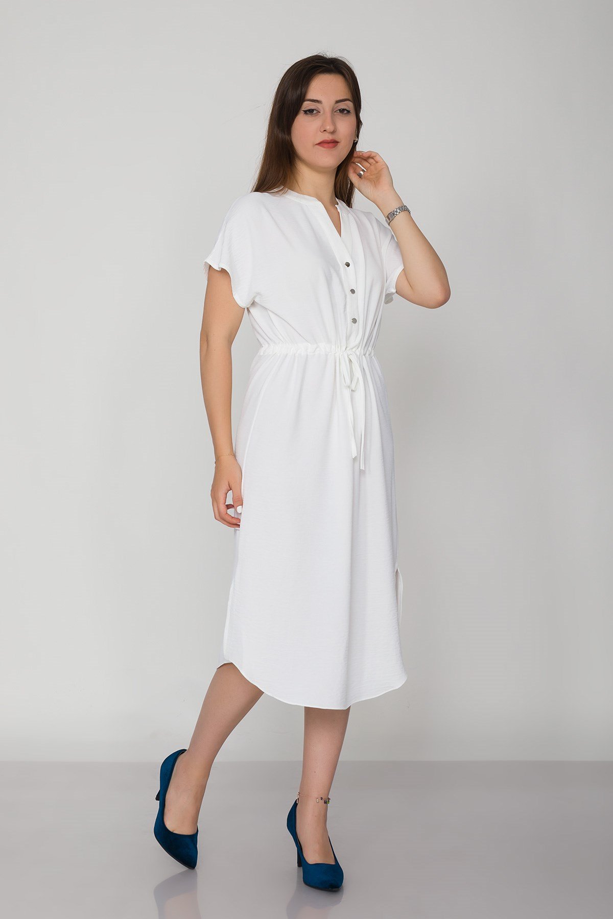 4562 Beli Büzgülü Vyaka Yırtmaçlı Viscon Elbise