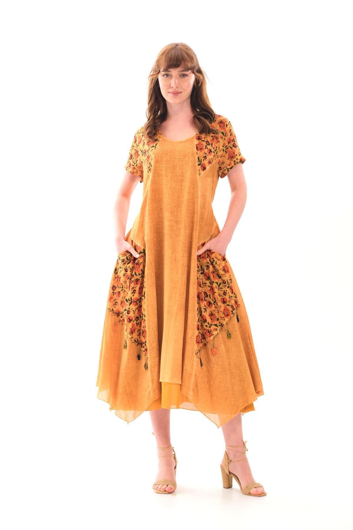 4588 Büyük Beden Asimetrik Etek Cepli Kısa Kol Otantik Pamuklu Elbise