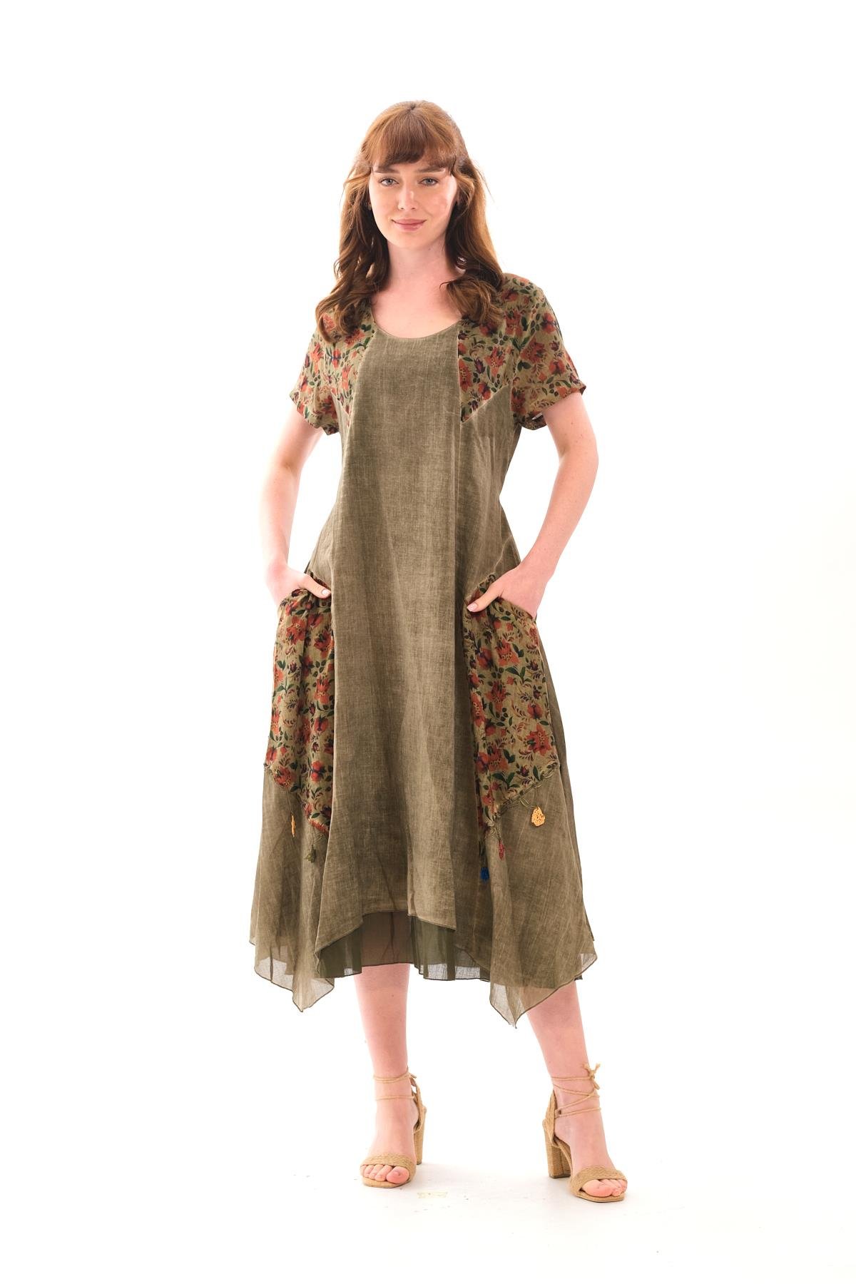 4588 Büyük Beden Asimetrik Etek Cepli Kısa Kol Otantik Pamuklu Elbise