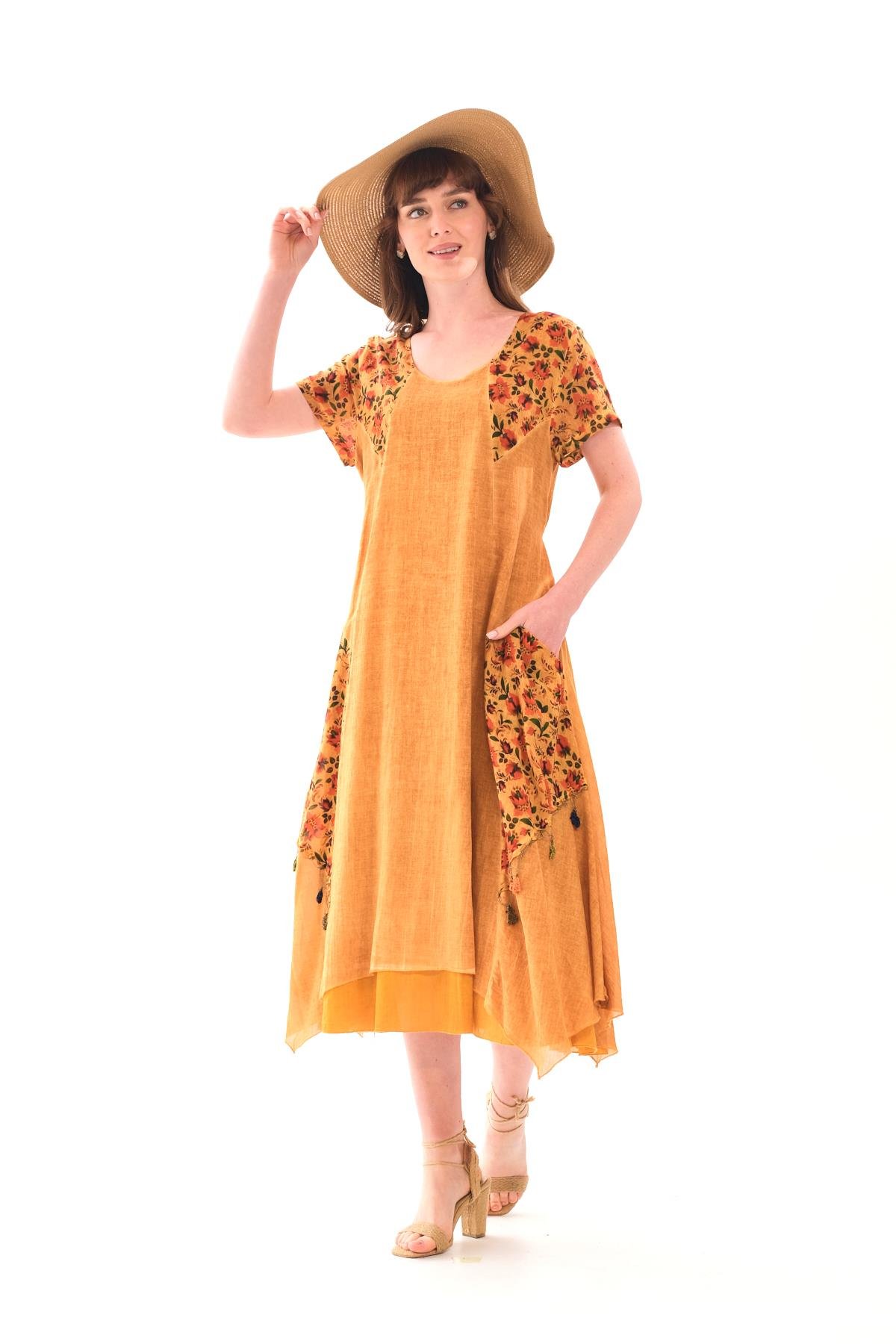 4588 Büyük Beden Asimetrik Etek Cepli Kısa Kol Otantik Pamuklu Elbise