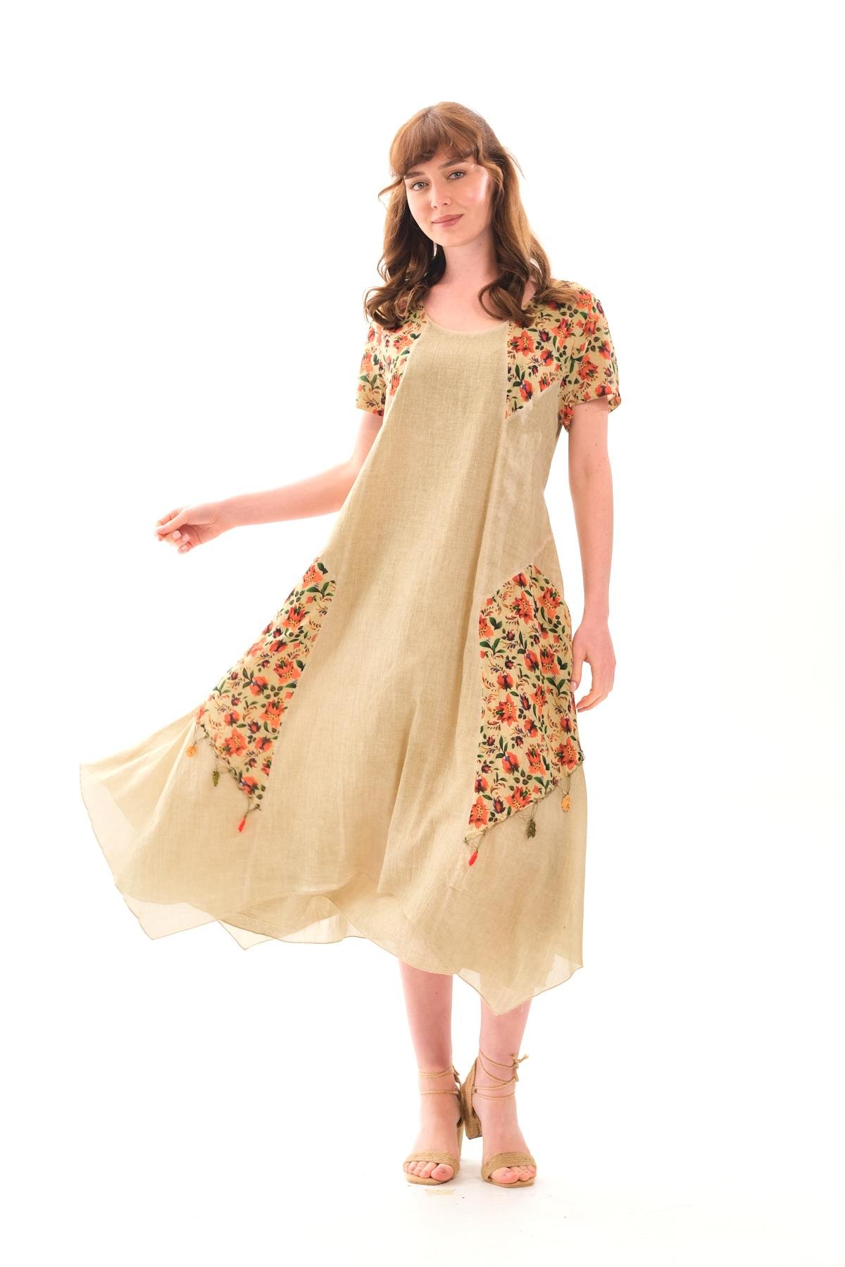 4588 Büyük Beden Asimetrik Etek Cepli Kısa Kol Otantik Pamuklu Elbise