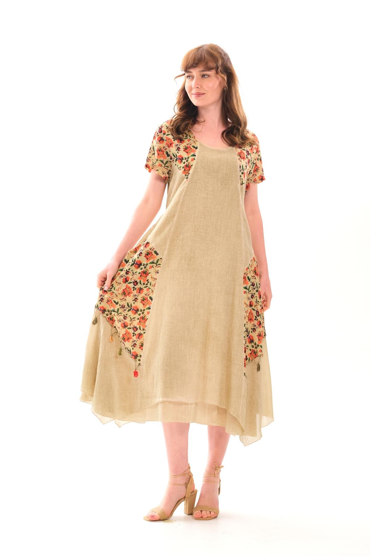 4588 Büyük Beden Asimetrik Etek Cepli Kısa Kol Otantik Pamuklu Elbise