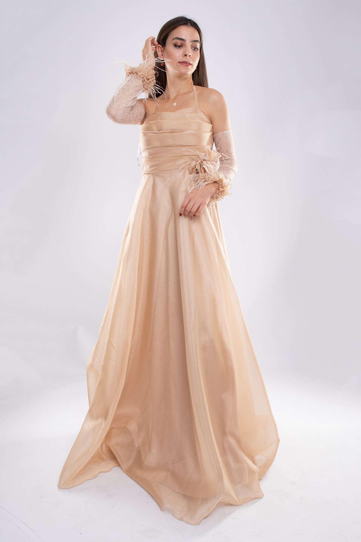 461 Takma Kollu Straplez Organze Tül Nişanlık