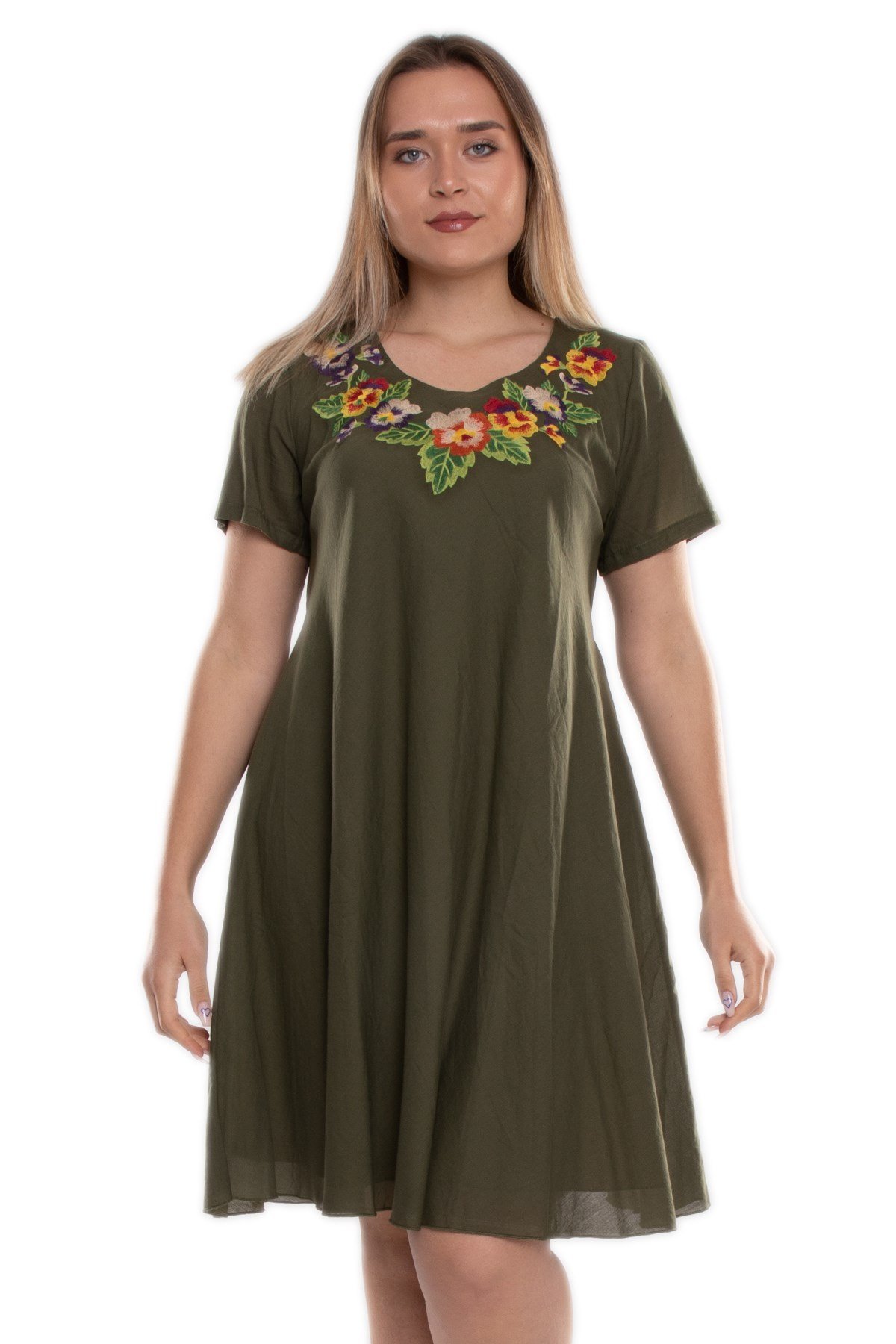 4614 Yaka Çiçek Nakışlı Beli İpli KısaKol Pamuk Otantik Elbise