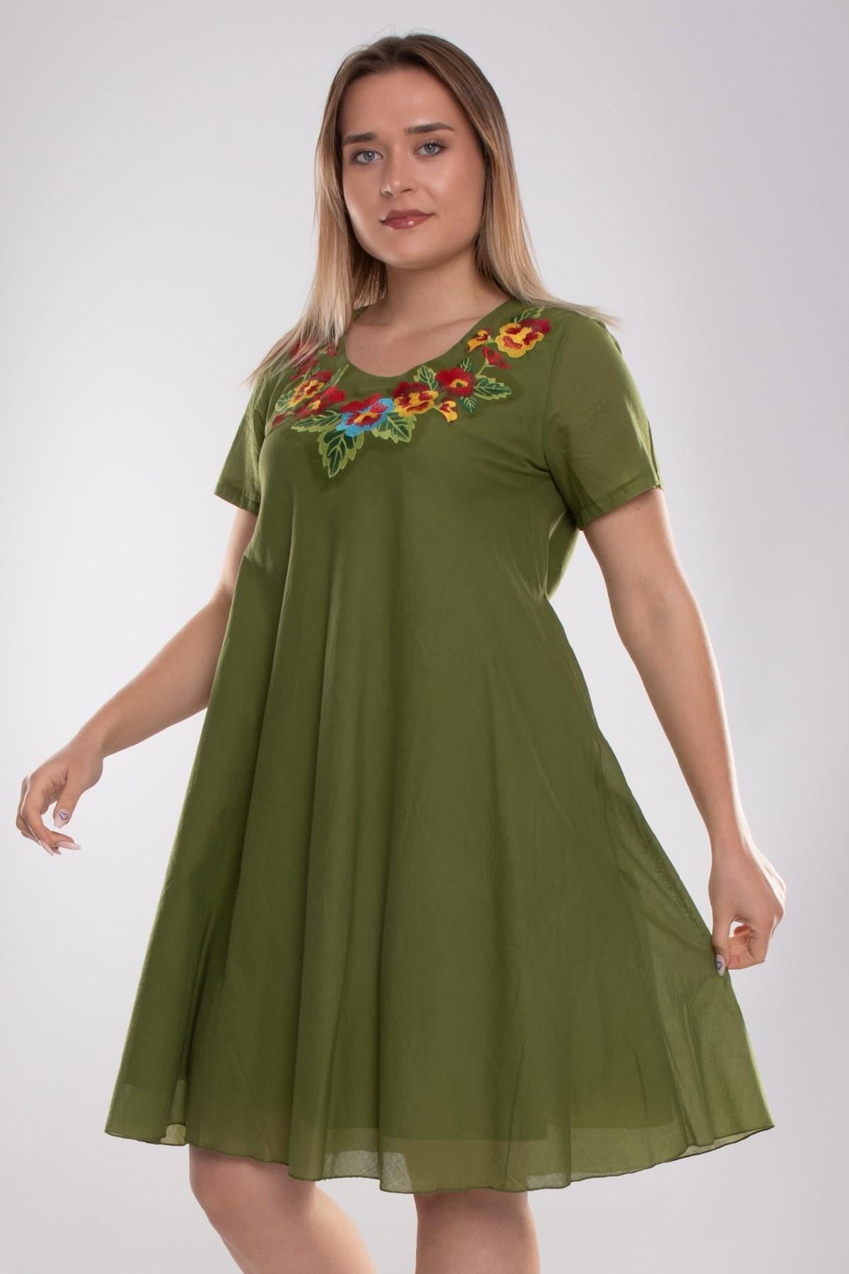 4614 Yaka Çiçek Nakışlı Beli İpli KısaKol Pamuk Otantik Elbise