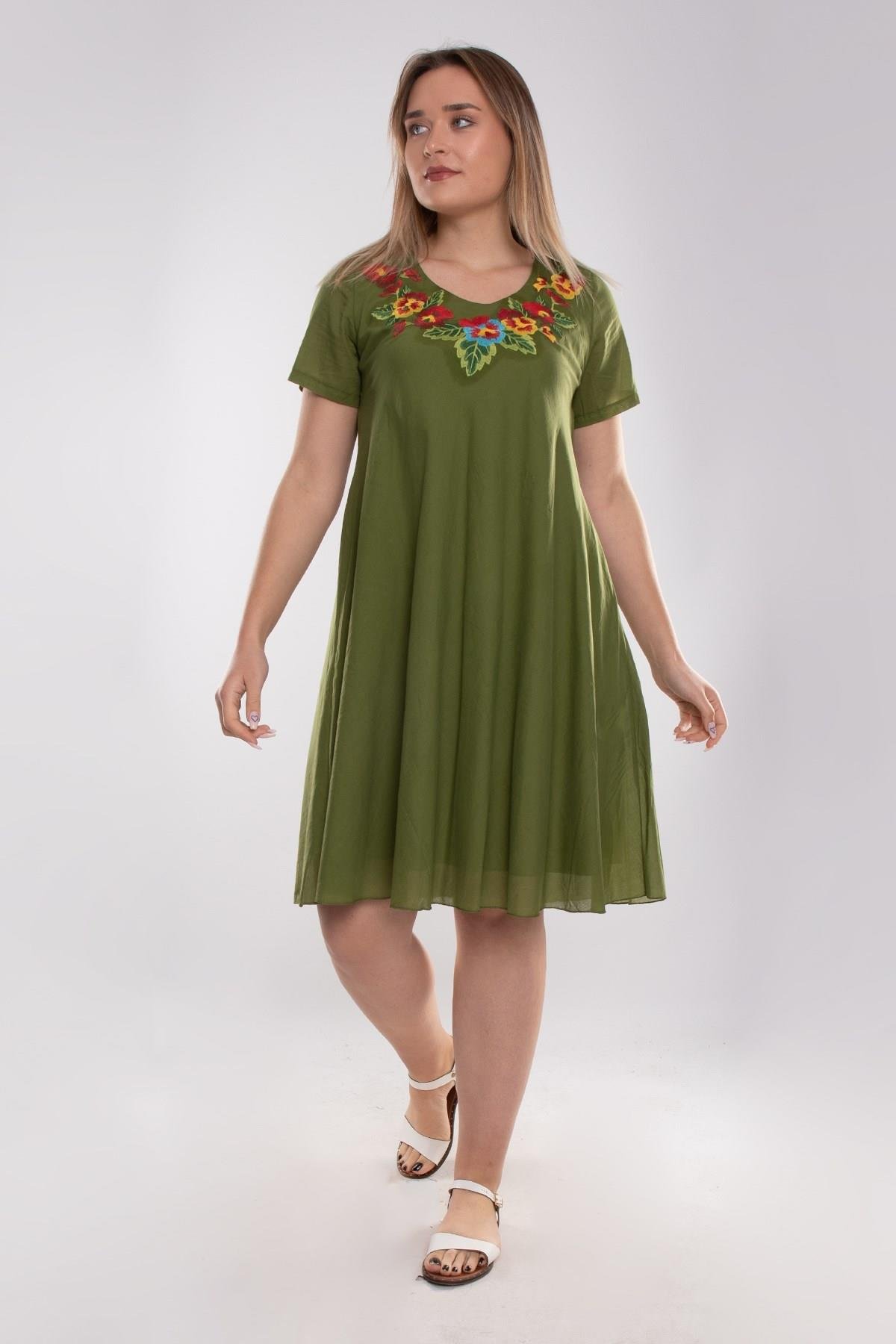 4614 Yaka Çiçek Nakışlı Beli İpli KısaKol Pamuk Otantik Elbise