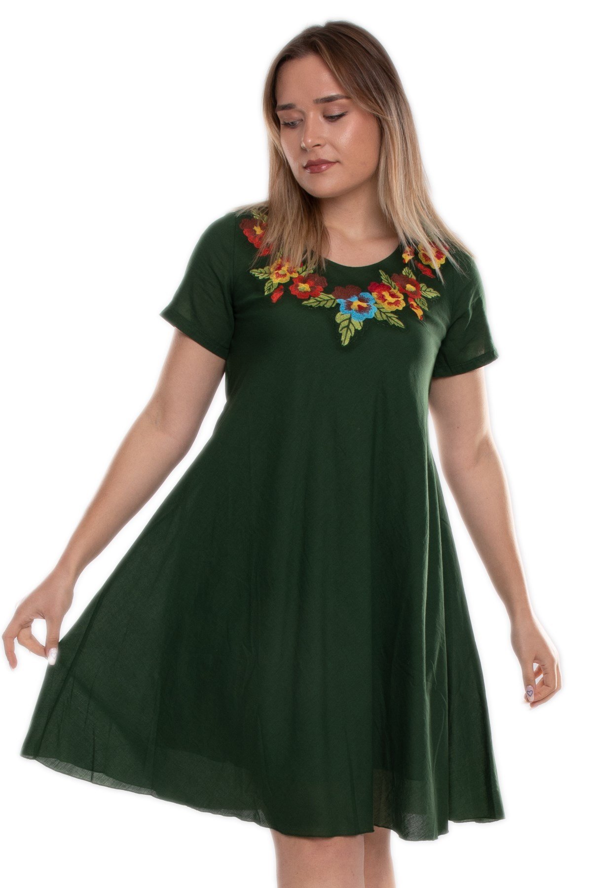 4614 Yaka Çiçek Nakışlı Beli İpli KısaKol Pamuk Otantik Elbise