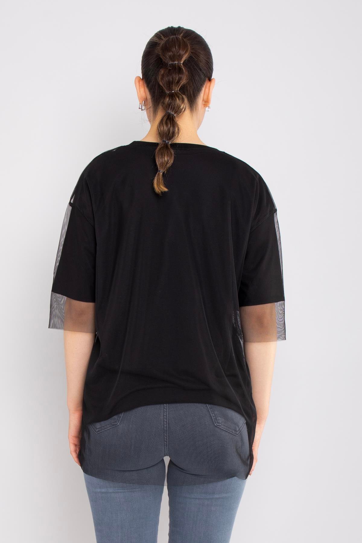 4630 Tüllü Leopar Desenli Bisiklet Yaka Pamuklu Tshirt