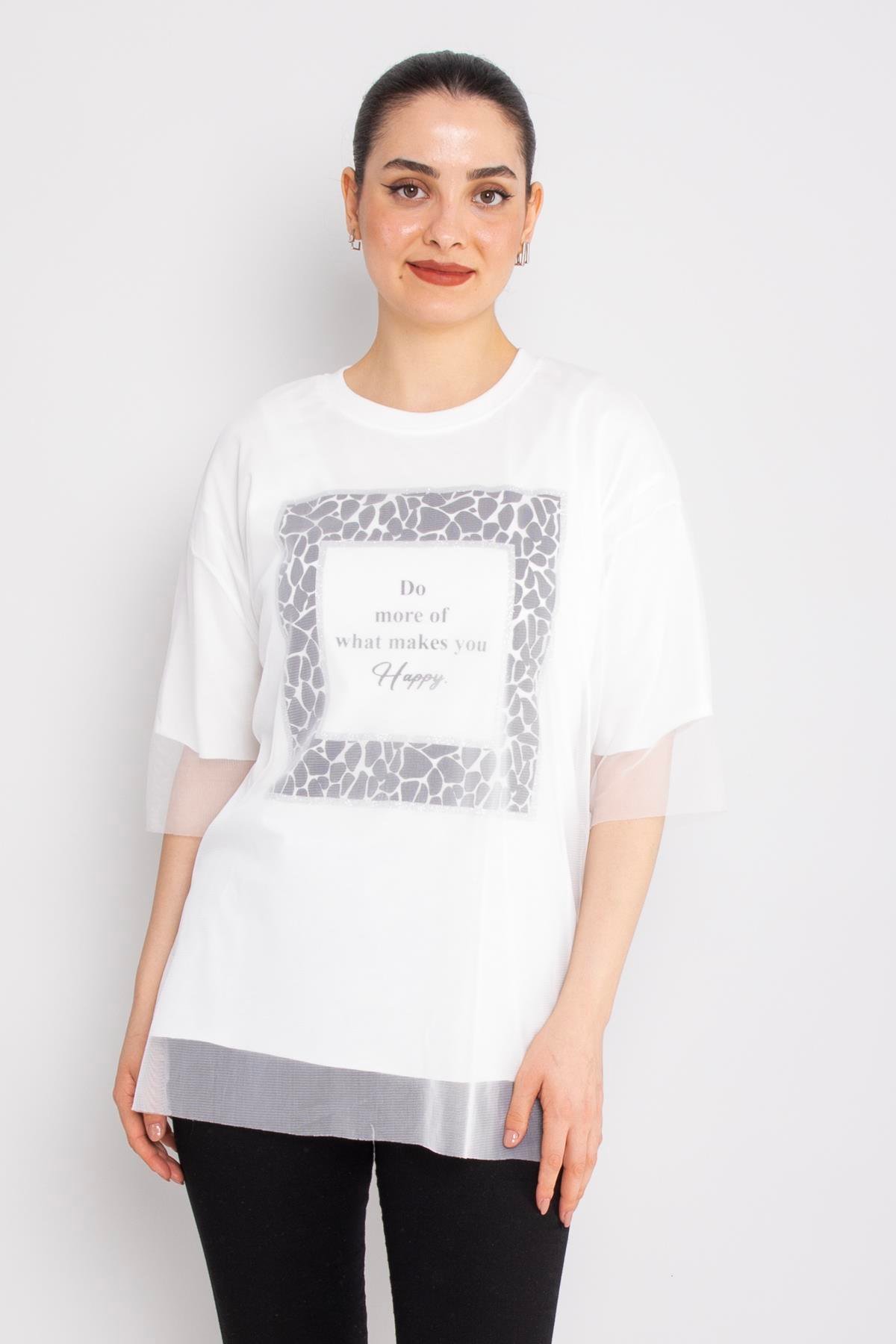 4630 Tüllü Leopar Desenli Bisiklet Yaka Pamuklu Tshirt