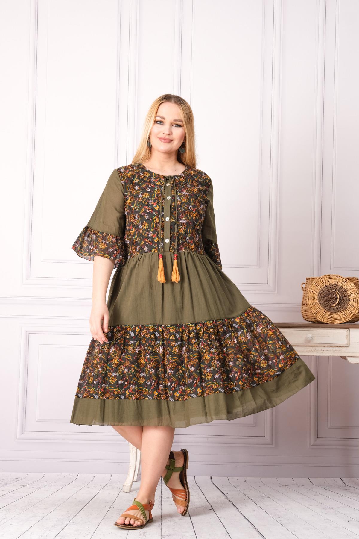 4641-1 Büyük Beden Desenli Yaka Düğmeli Katkat Kısa Kol Pamuk Otantik Elbise