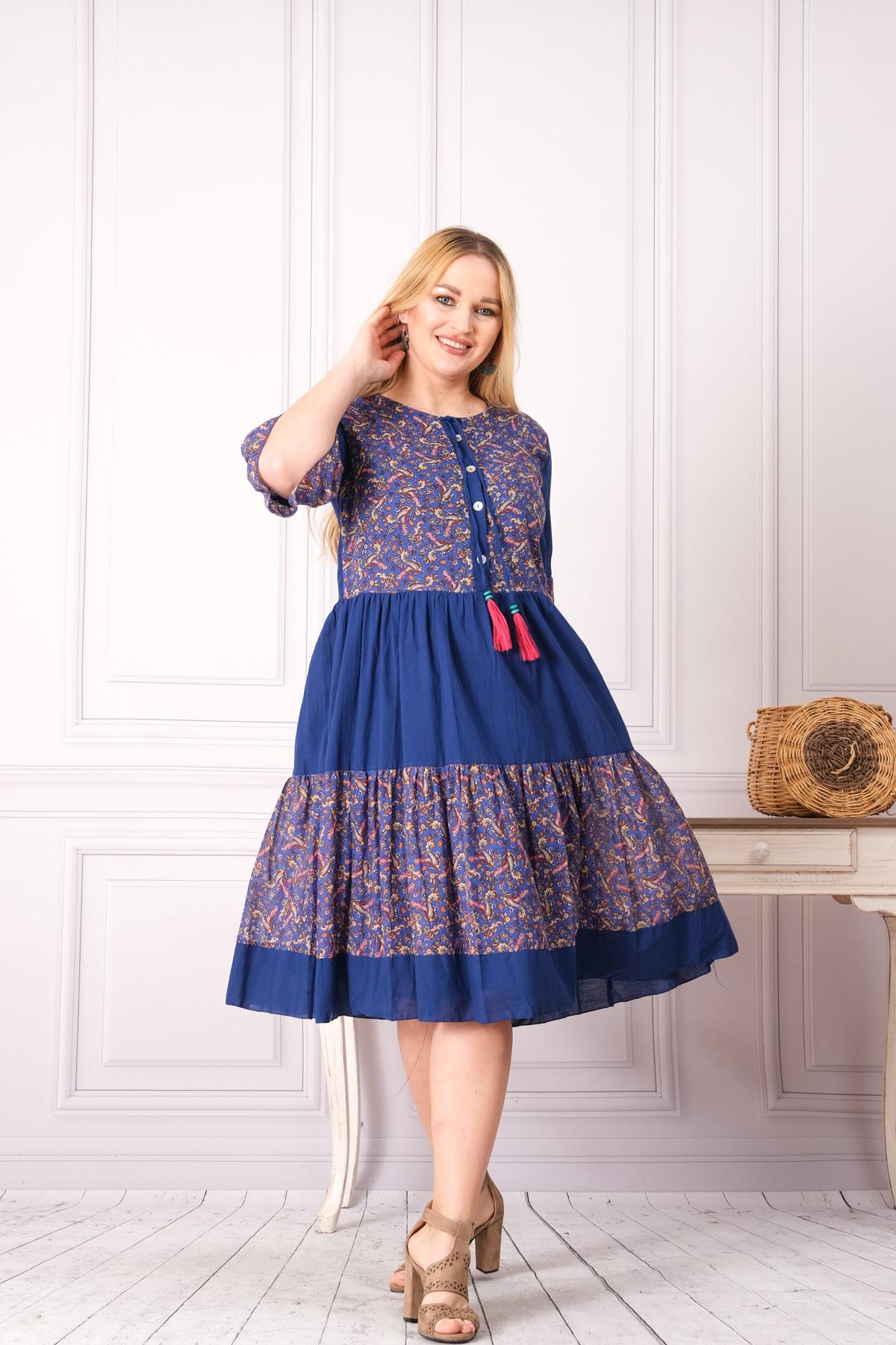 4641-1 Büyük Beden Desenli Yaka Düğmeli Katkat Kısa Kol Pamuk Otantik Elbise