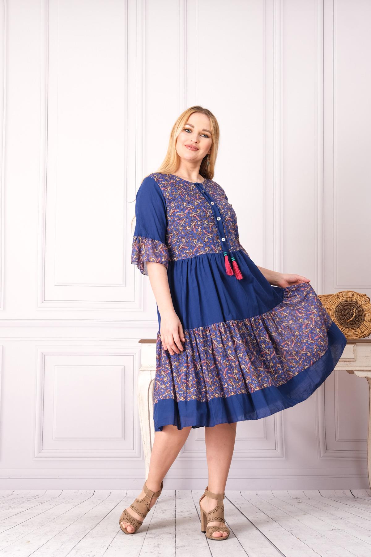 4641-1 Büyük Beden Desenli Yaka Düğmeli Katkat Kısa Kol Pamuk Otantik Elbise