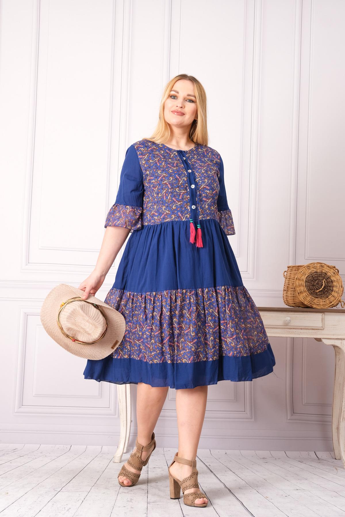 4641-1 Büyük Beden Desenli Yaka Düğmeli Katkat Kısa Kol Pamuk Otantik Elbise