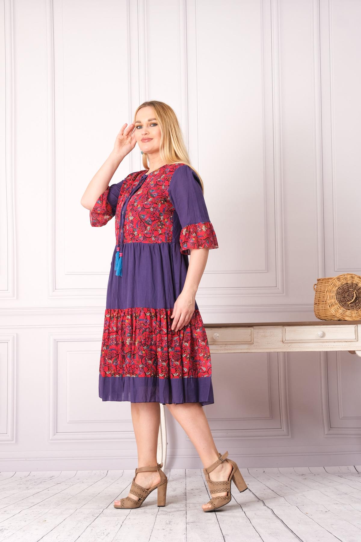 4641-1 Büyük Beden Desenli Yaka Düğmeli Katkat Kısa Kol Pamuk Otantik Elbise