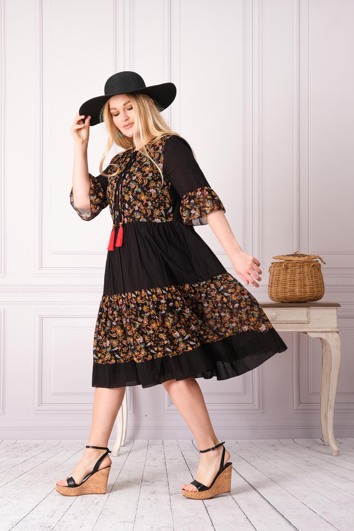 4641-1 Büyük Beden Desenli Yaka Düğmeli Katkat Kısa Kol Pamuk Otantik Elbise