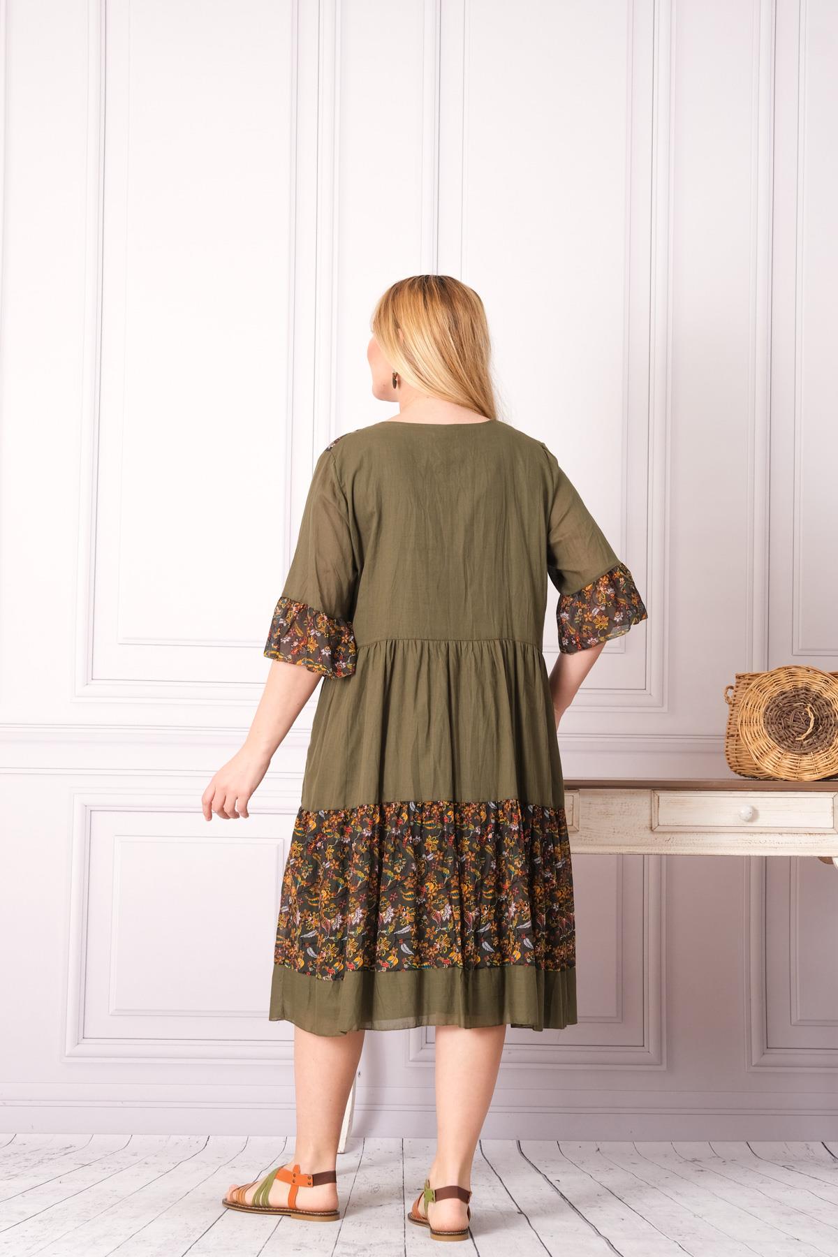 4641-1 Büyük Beden Desenli Yaka Düğmeli Katkat Kısa Kol Pamuk Otantik Elbise