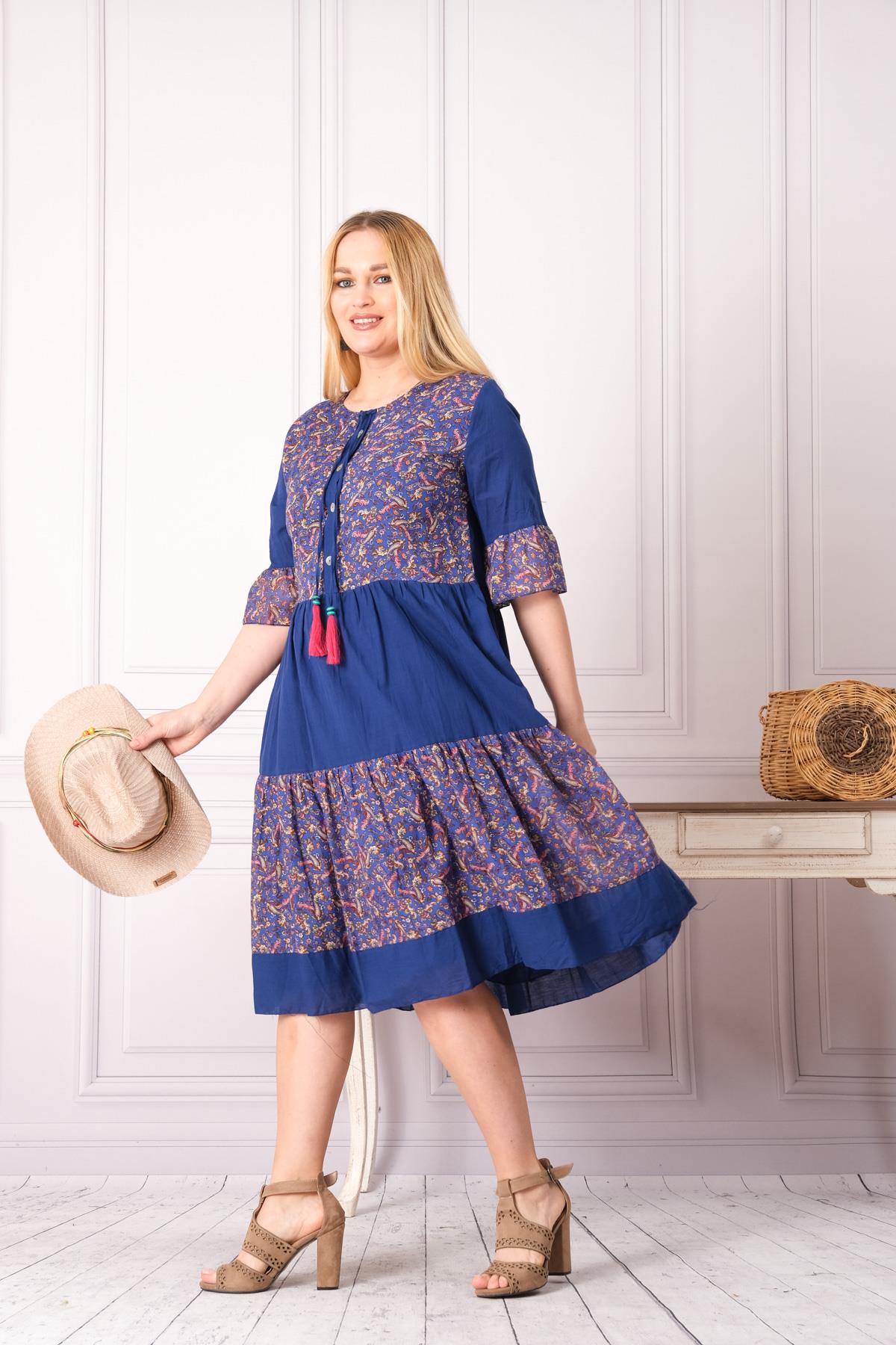 4641-1 Büyük Beden Desenli Yaka Düğmeli Katkat Kısa Kol Pamuk Otantik Elbise