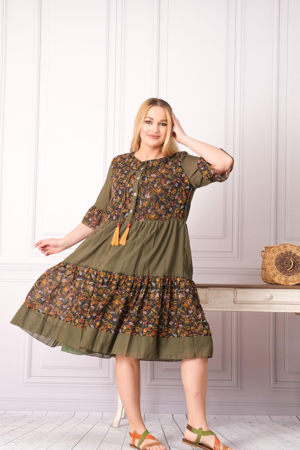 4641-1 Büyük Beden Desenli Yaka Düğmeli Katkat Kısa Kol Pamuk Otantik Elbise