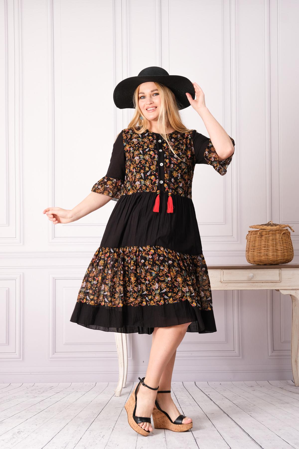 4641-1 Büyük Beden Desenli Yaka Düğmeli Katkat Kısa Kol Pamuk Otantik Elbise