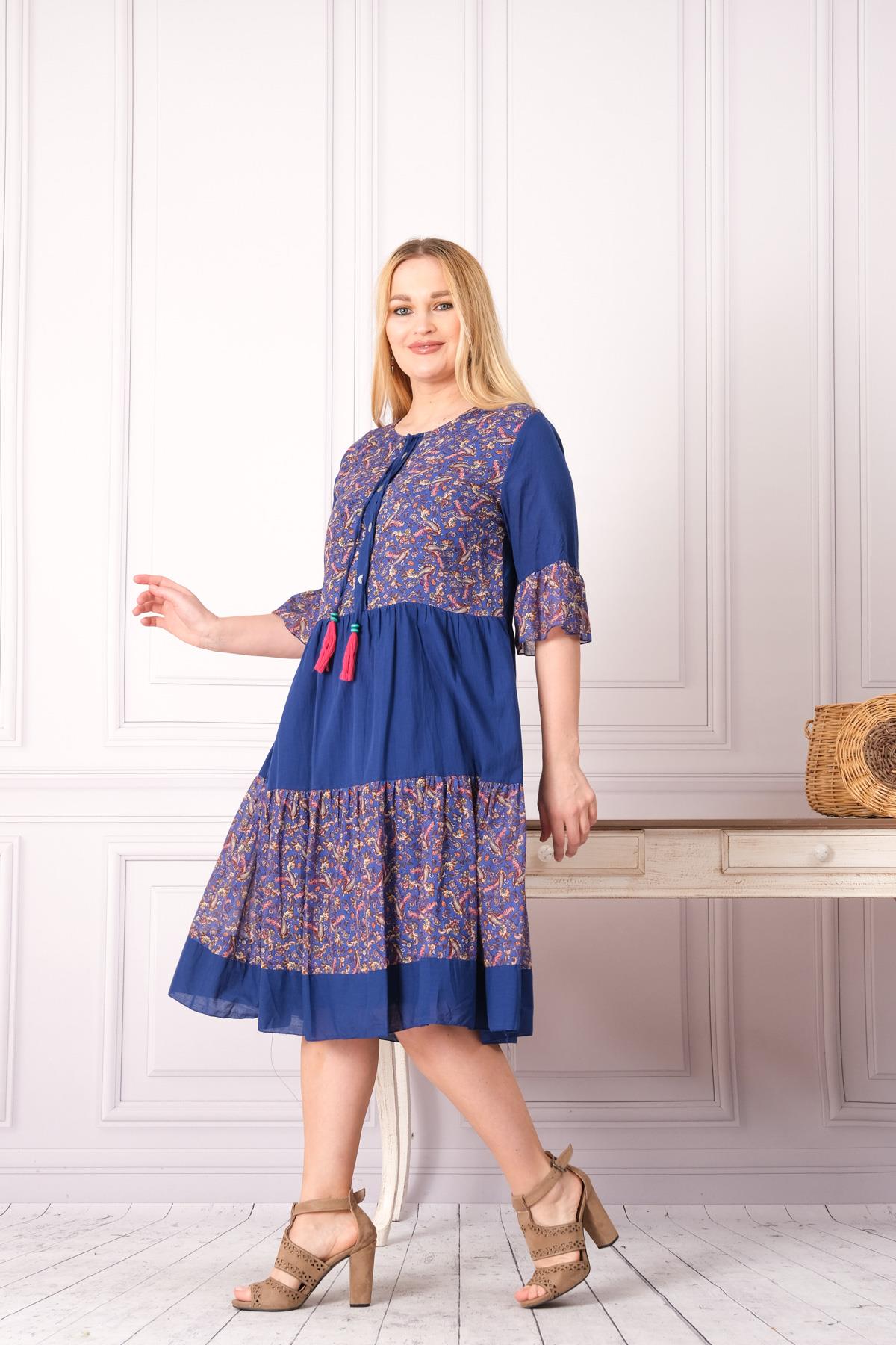 4641-1 Büyük Beden Desenli Yaka Düğmeli Katkat Kısa Kol Pamuk Otantik Elbise