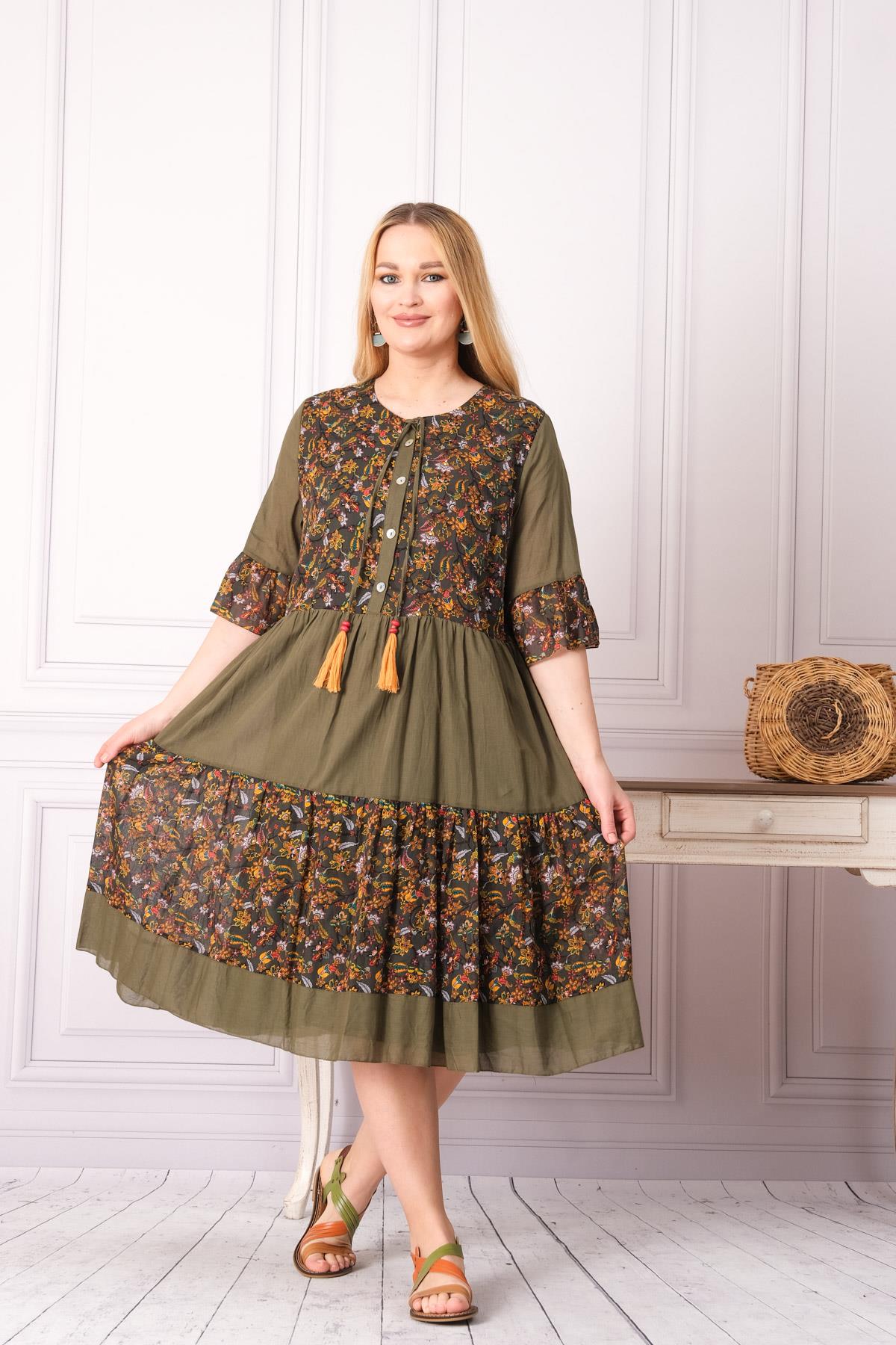 4641-1 Büyük Beden Desenli Yaka Düğmeli Katkat Kısa Kol Pamuk Otantik Elbise