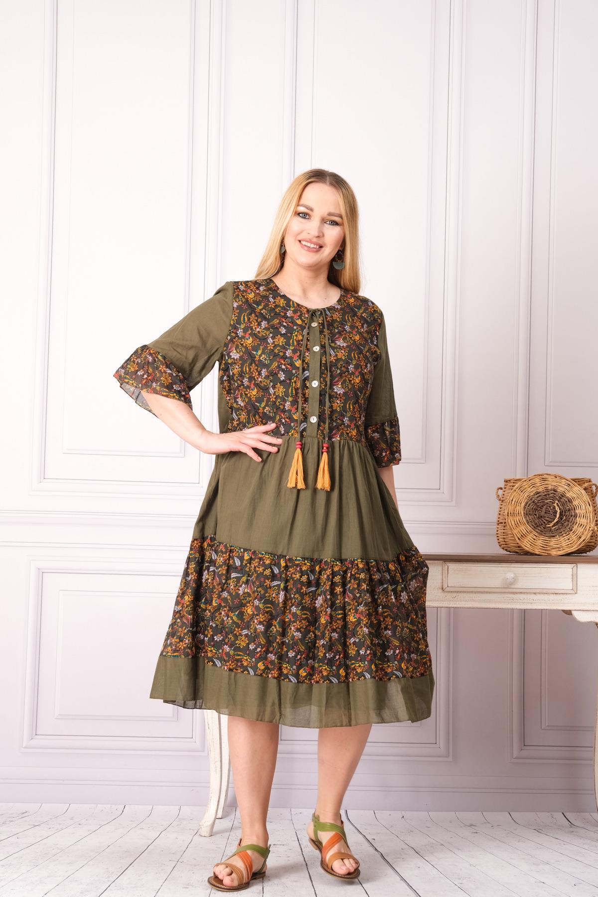 4641-1 Büyük Beden Desenli Yaka Düğmeli Katkat Kısa Kol Pamuk Otantik Elbise